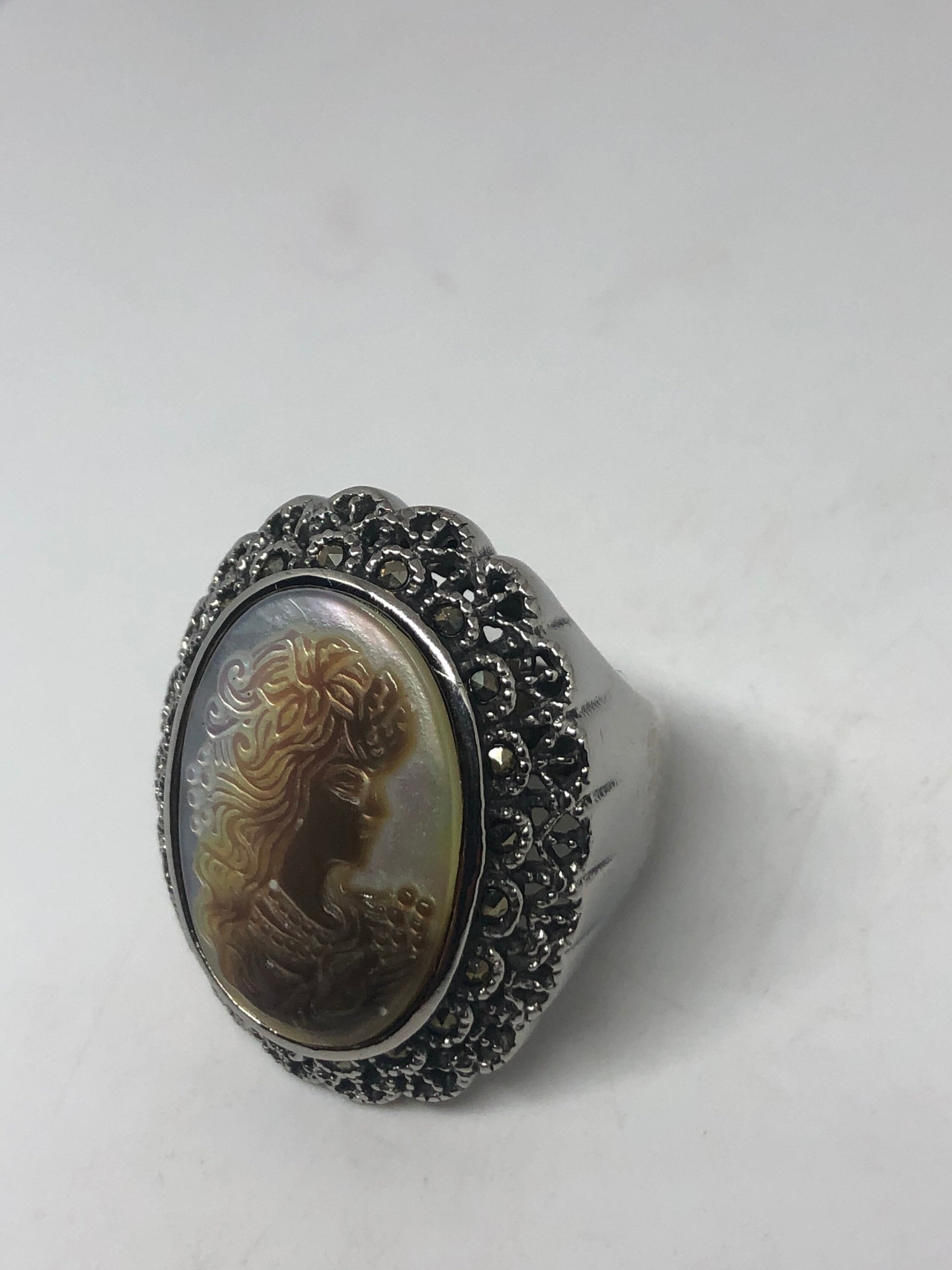 Antique White Mother of Pearl cameo Marcasite Filigree Ring Size 8.5