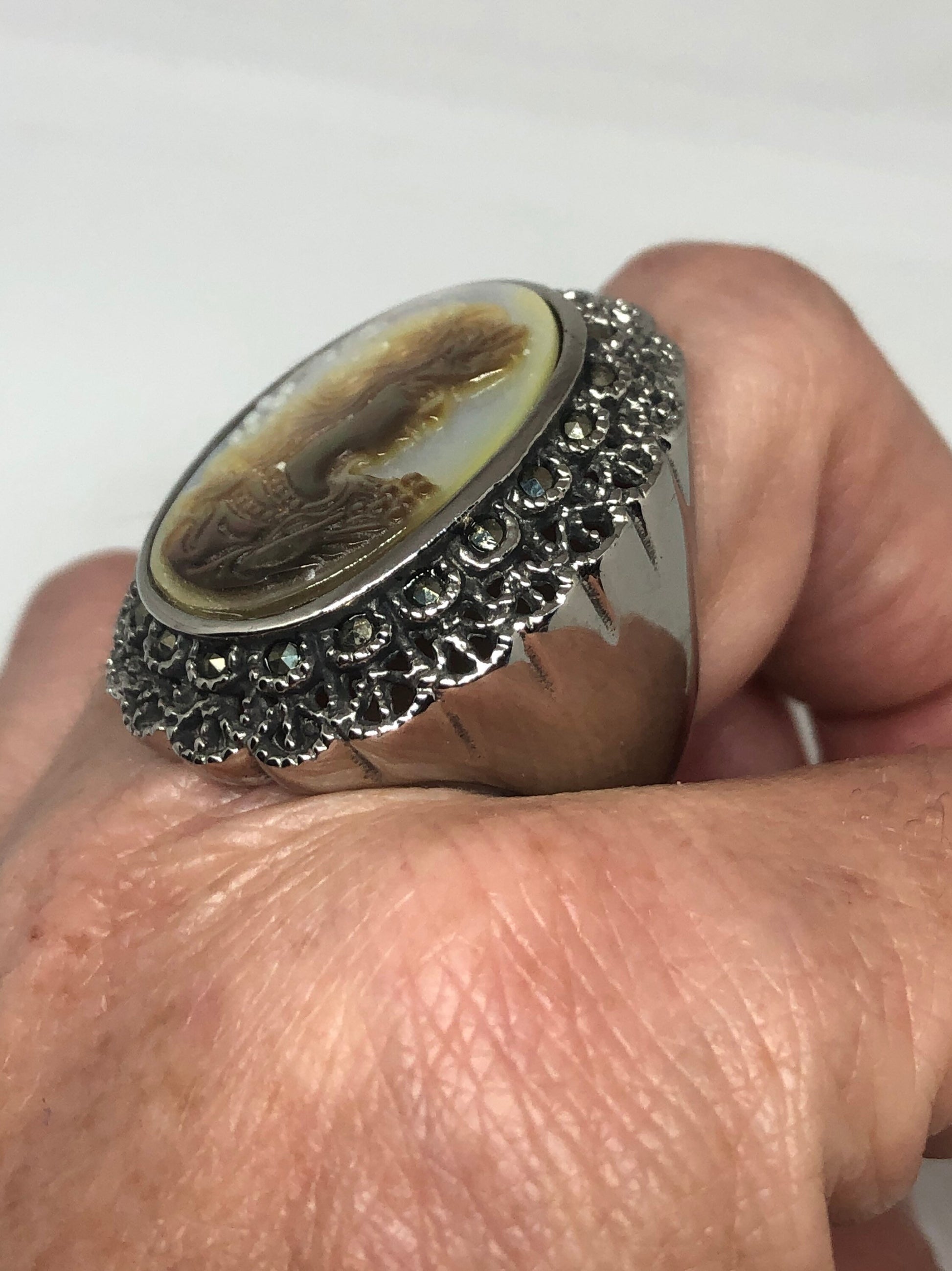 Antique White Mother of Pearl cameo Marcasite Filigree Ring Size 8.5