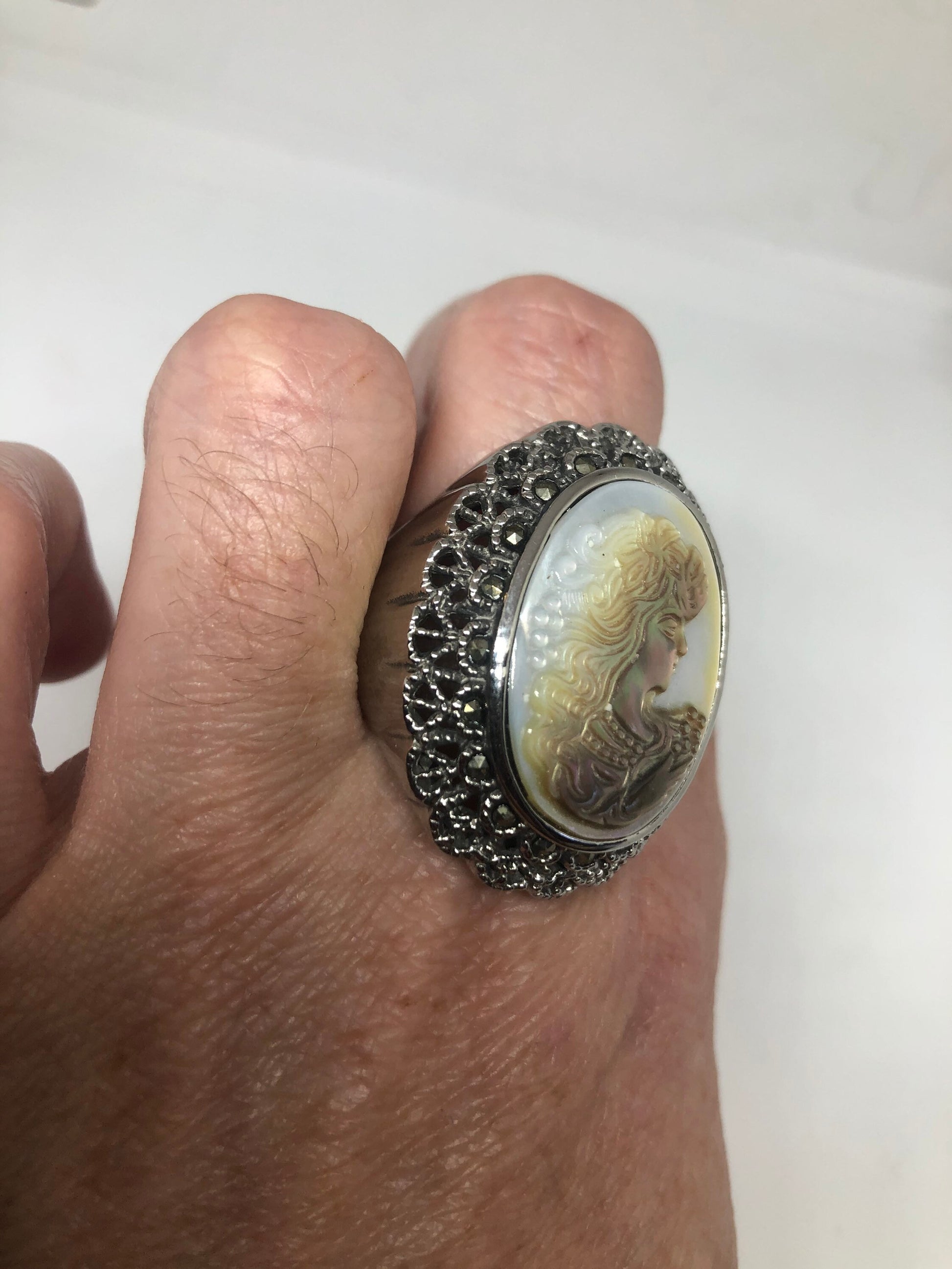 Antique White Mother of Pearl cameo Marcasite Filigree Ring Size 8.5