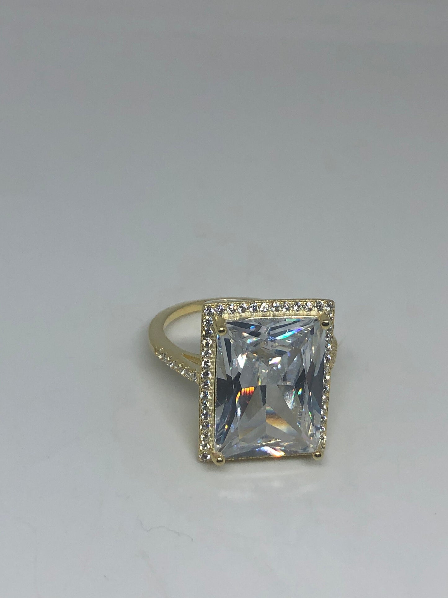 Vintage Cubic Zirconia Crystal Golden Sterling Silver Ring Size 9