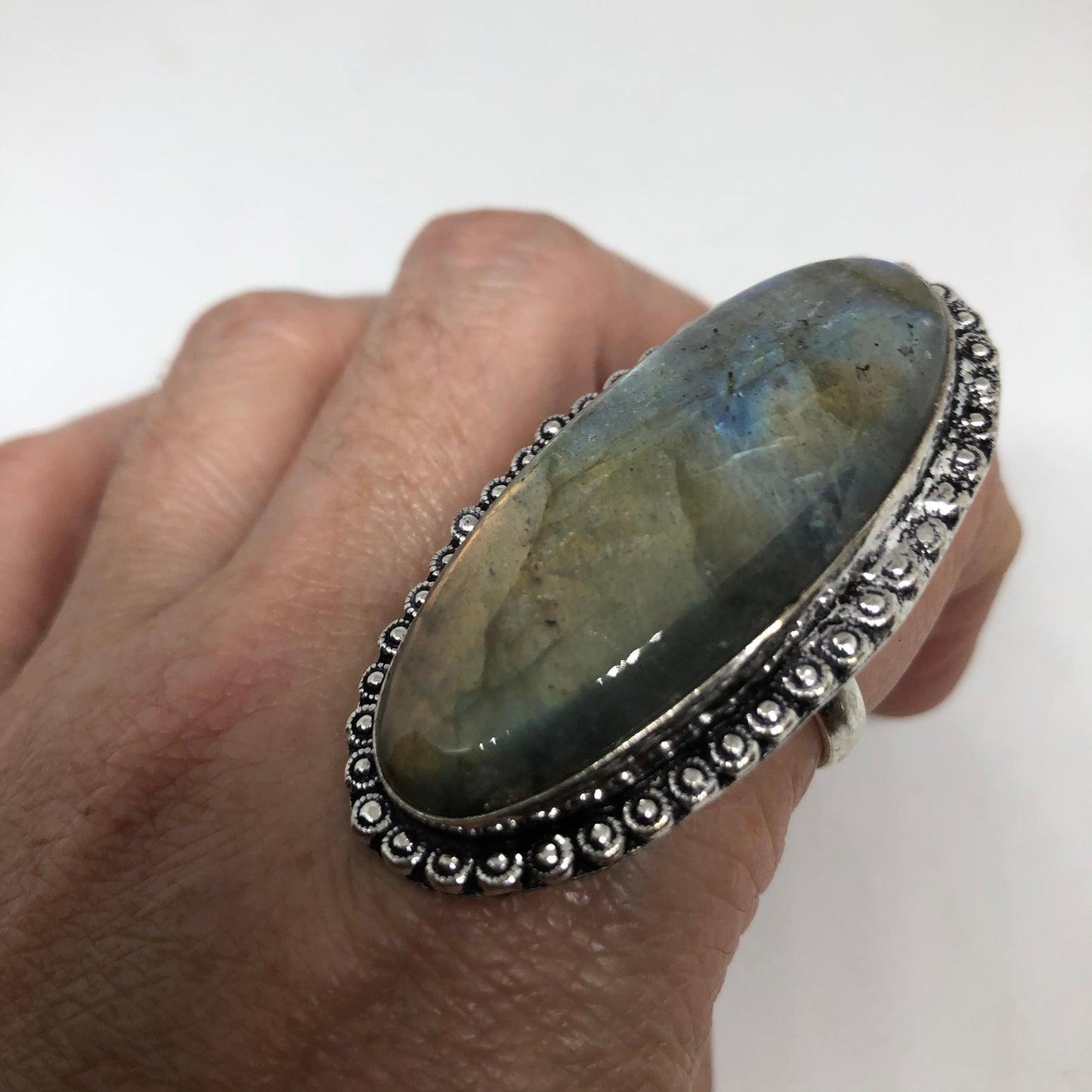 Vintage Labradorite Rainbow Moonstone Silver Ring Size 8