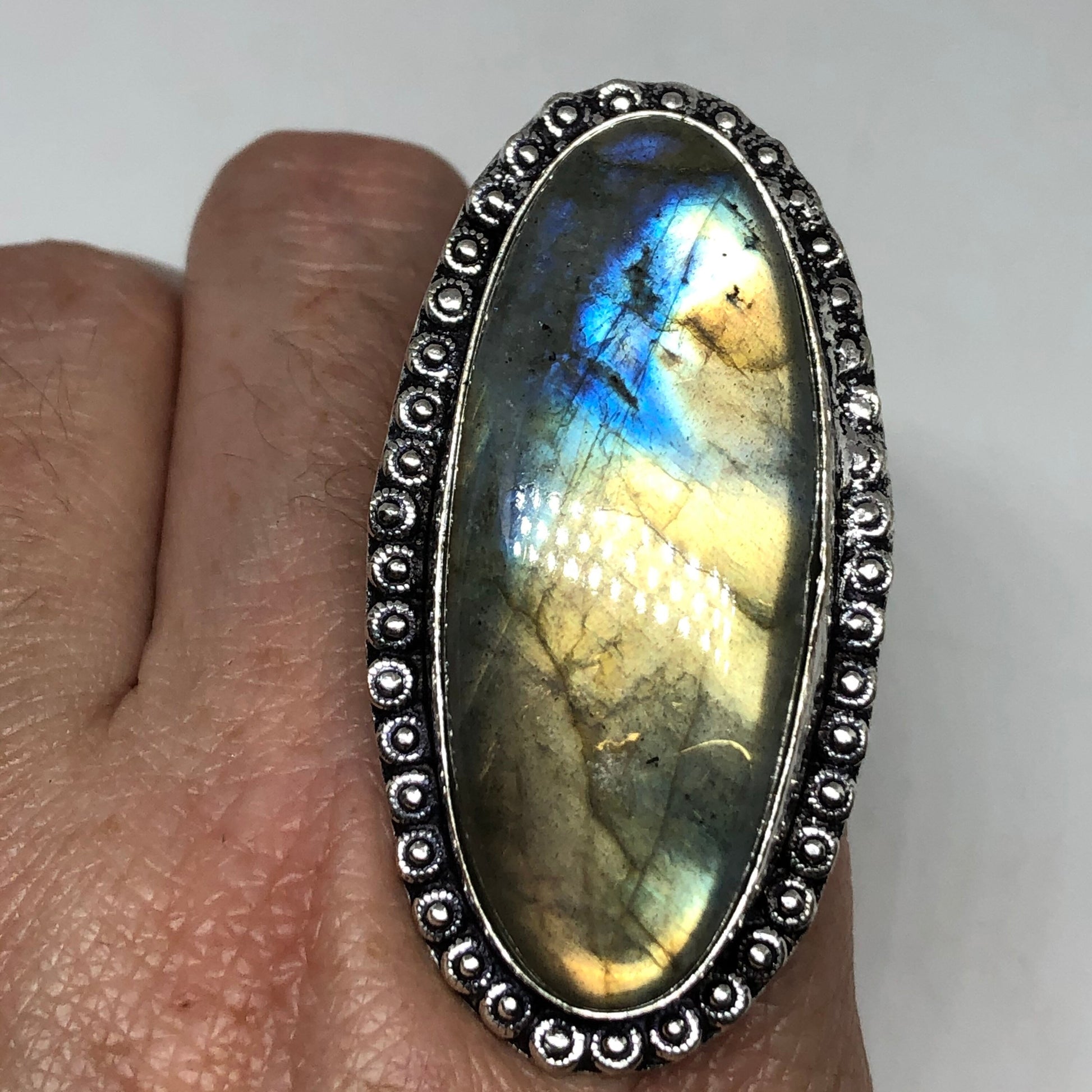 Vintage Labradorite Rainbow Moonstone Silver Ring Size 8