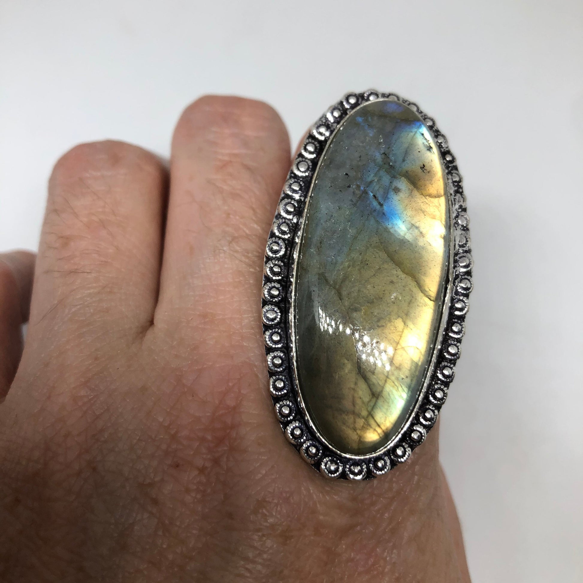 Vintage Labradorite Rainbow Moonstone Silver Ring Size 8