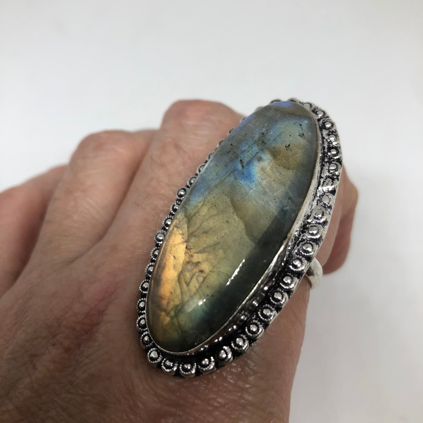 Vintage Labradorite Rainbow Moonstone Silver Ring Size 8