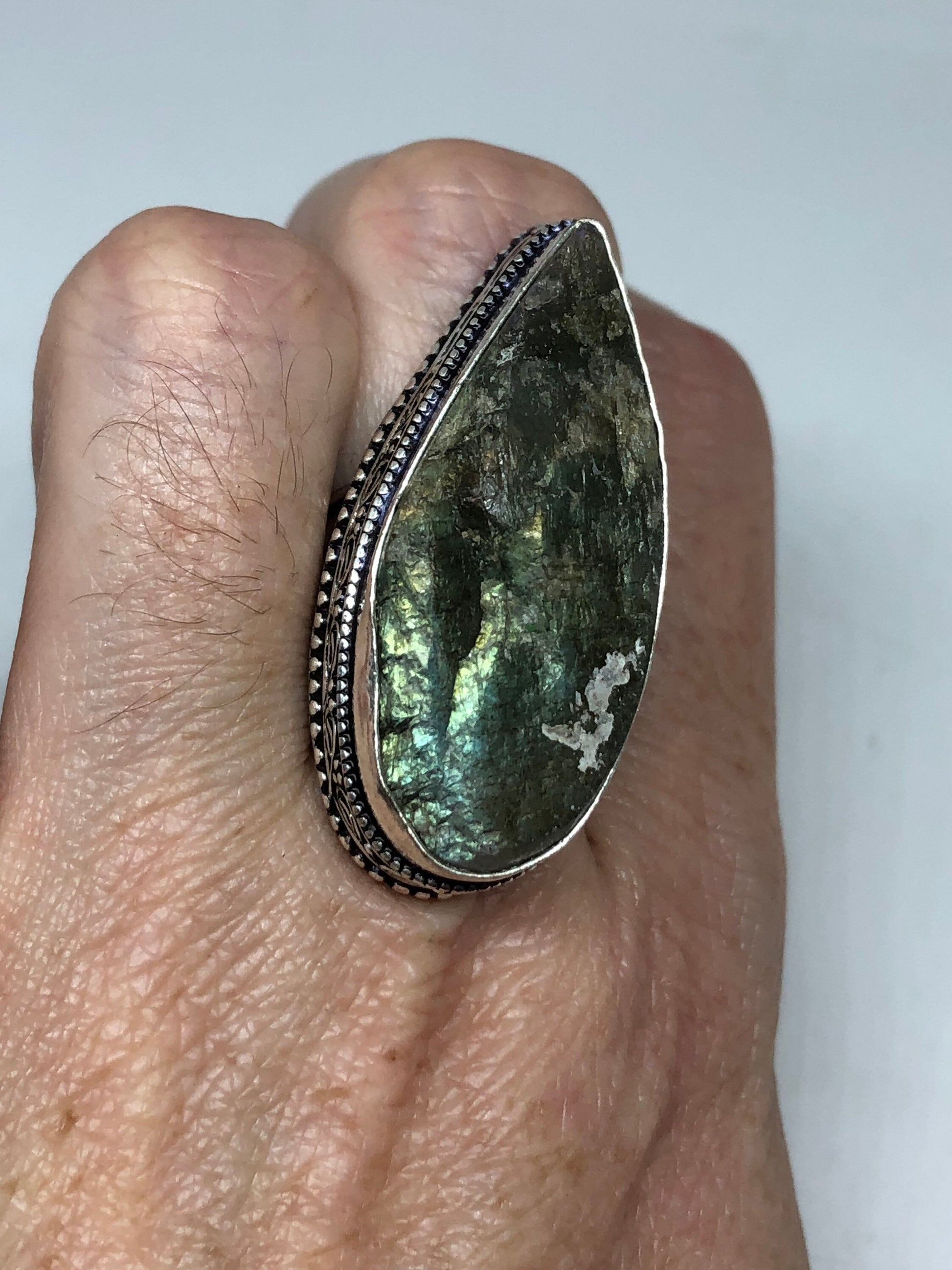 Vintage Labradorite Rainbow Moonstone Silver Ring Size 8