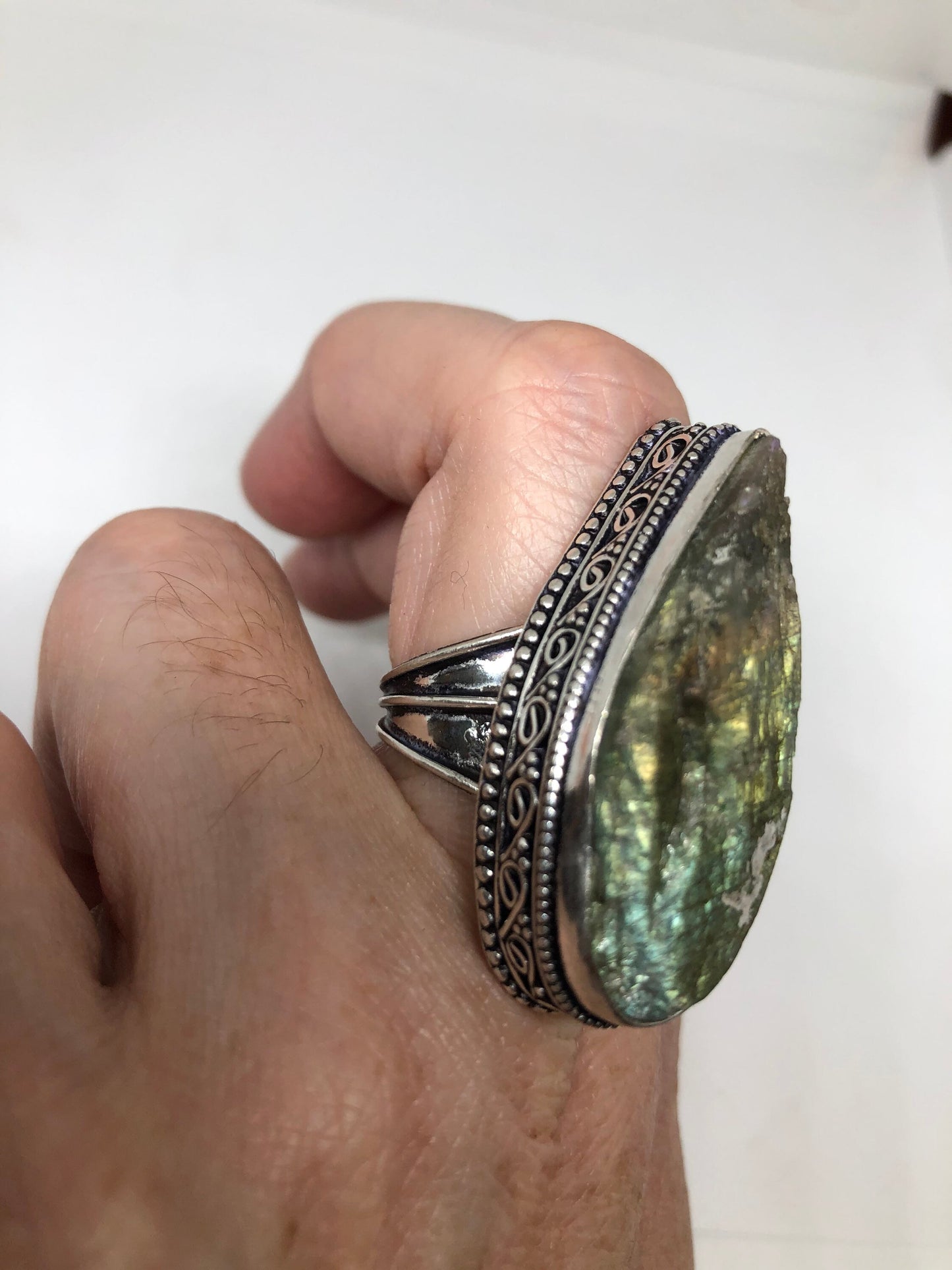 Vintage Labradorite Rainbow Moonstone Silver Ring Size 8