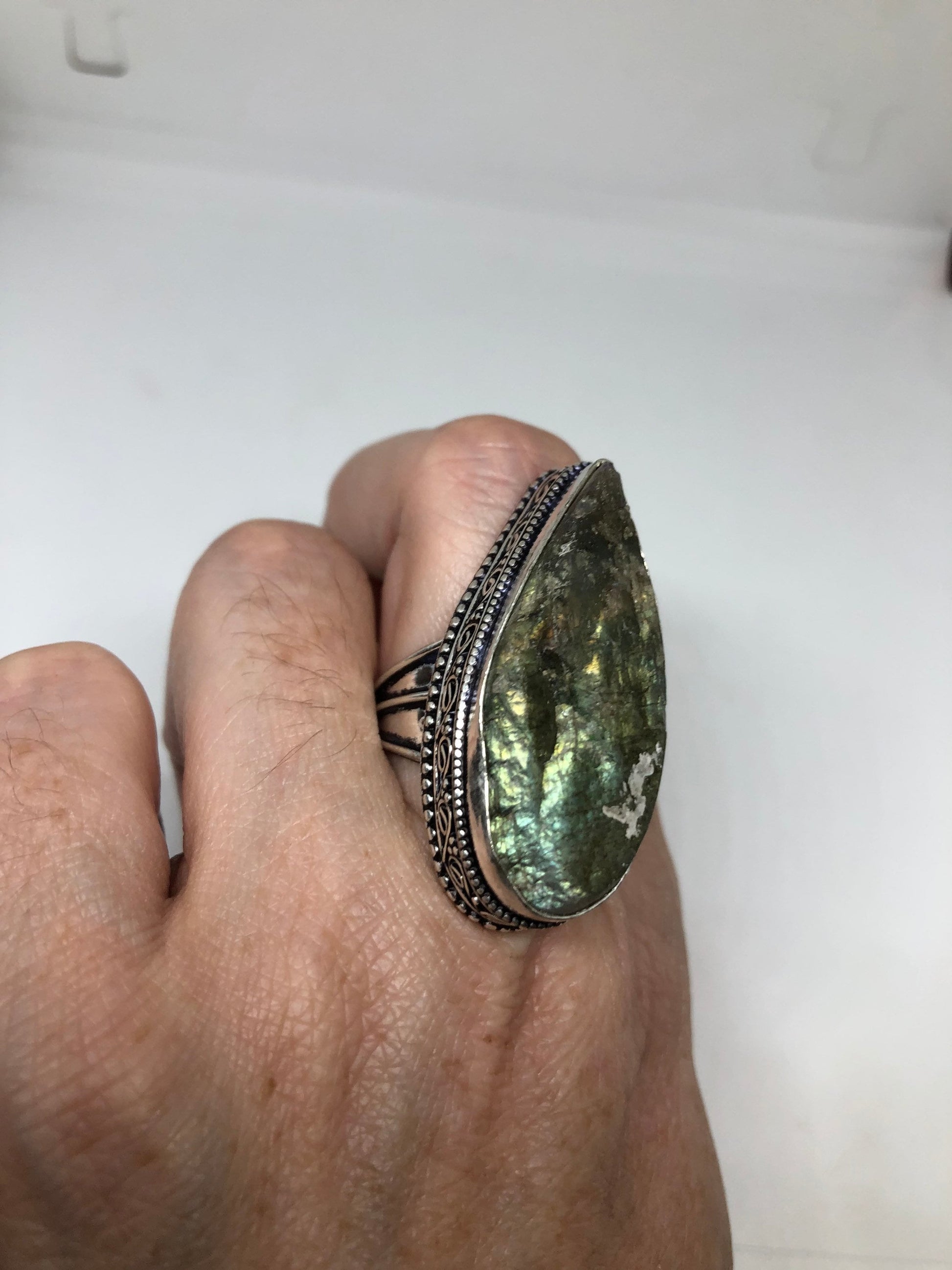 Vintage Labradorite Rainbow Moonstone Silver Ring Size 8