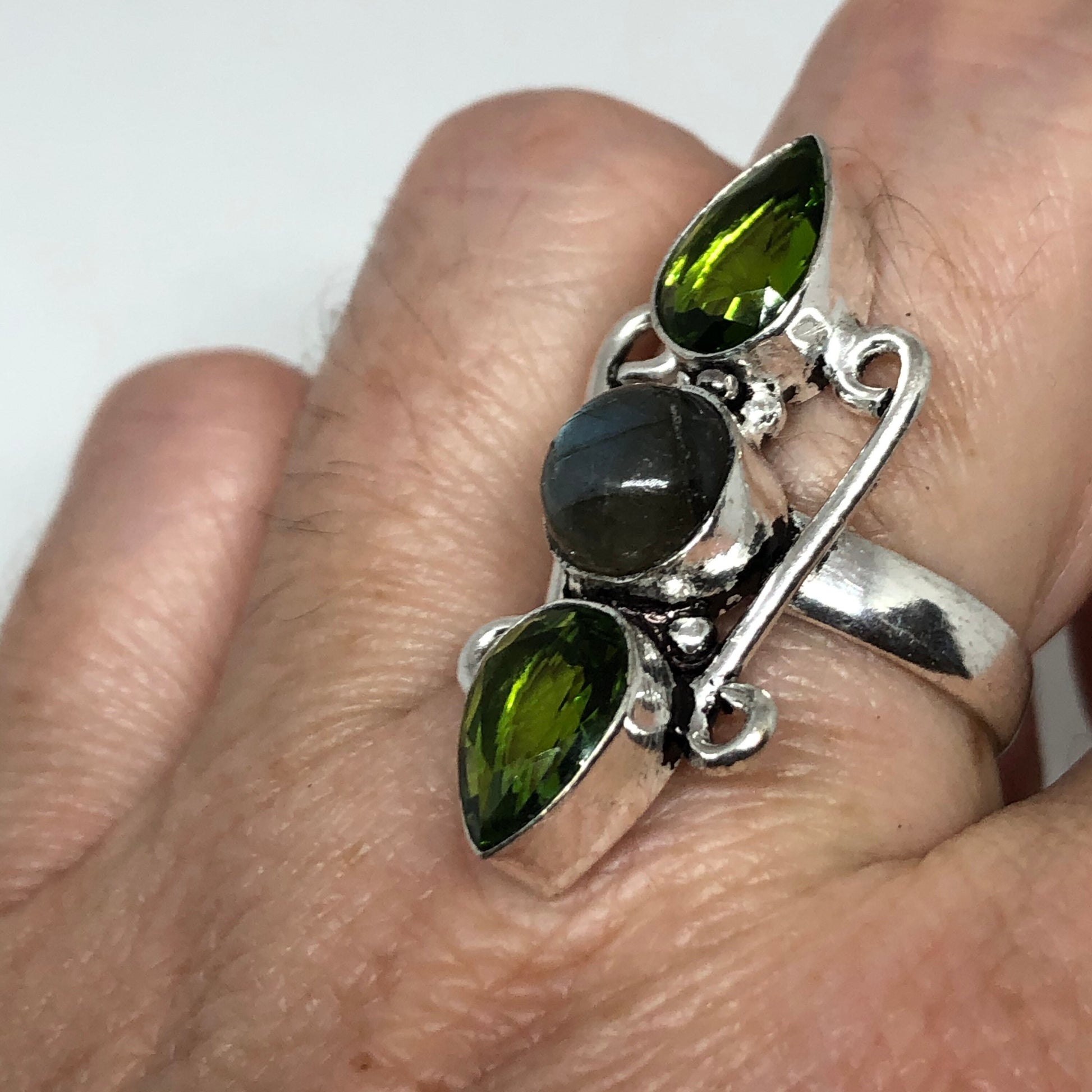 Vintage Labradorite Peridot Silver Ring Size 7.5