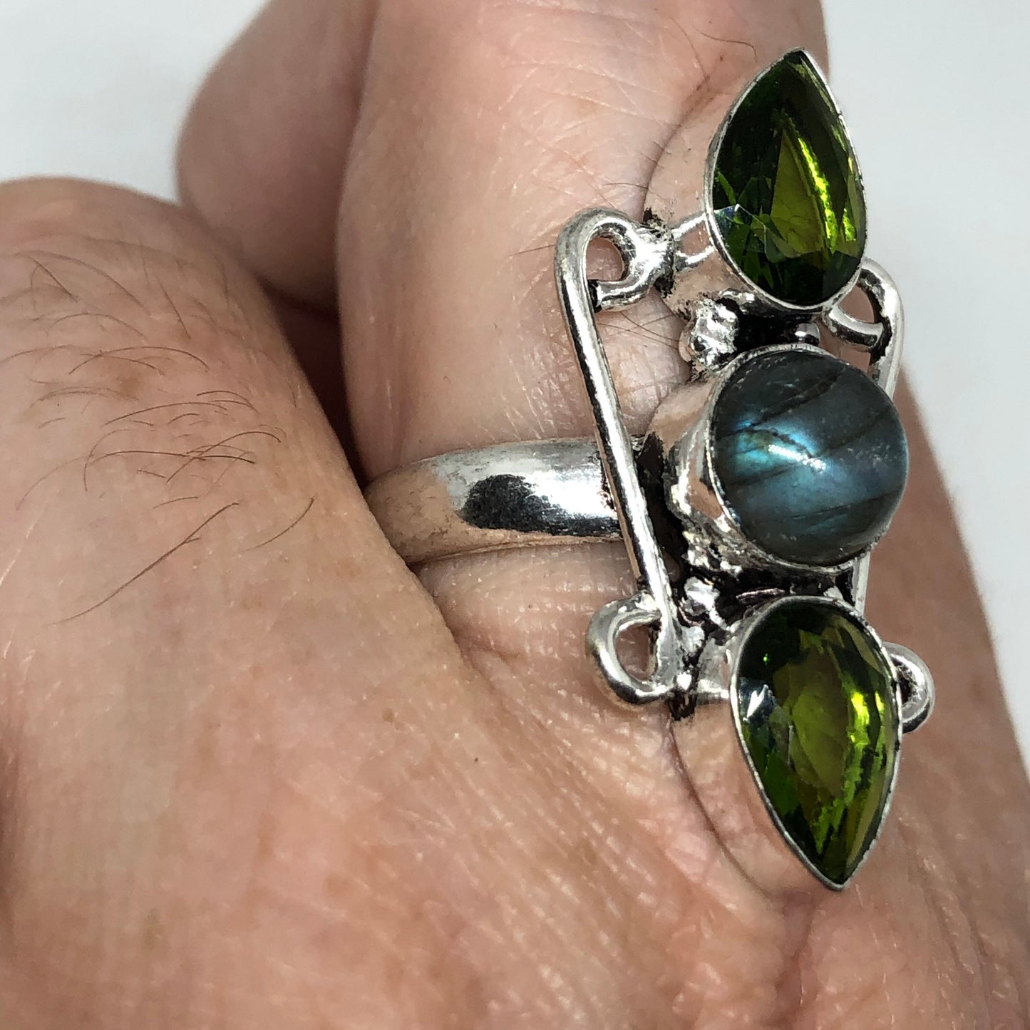 Vintage Labradorite Peridot Silver Ring Size 7.5