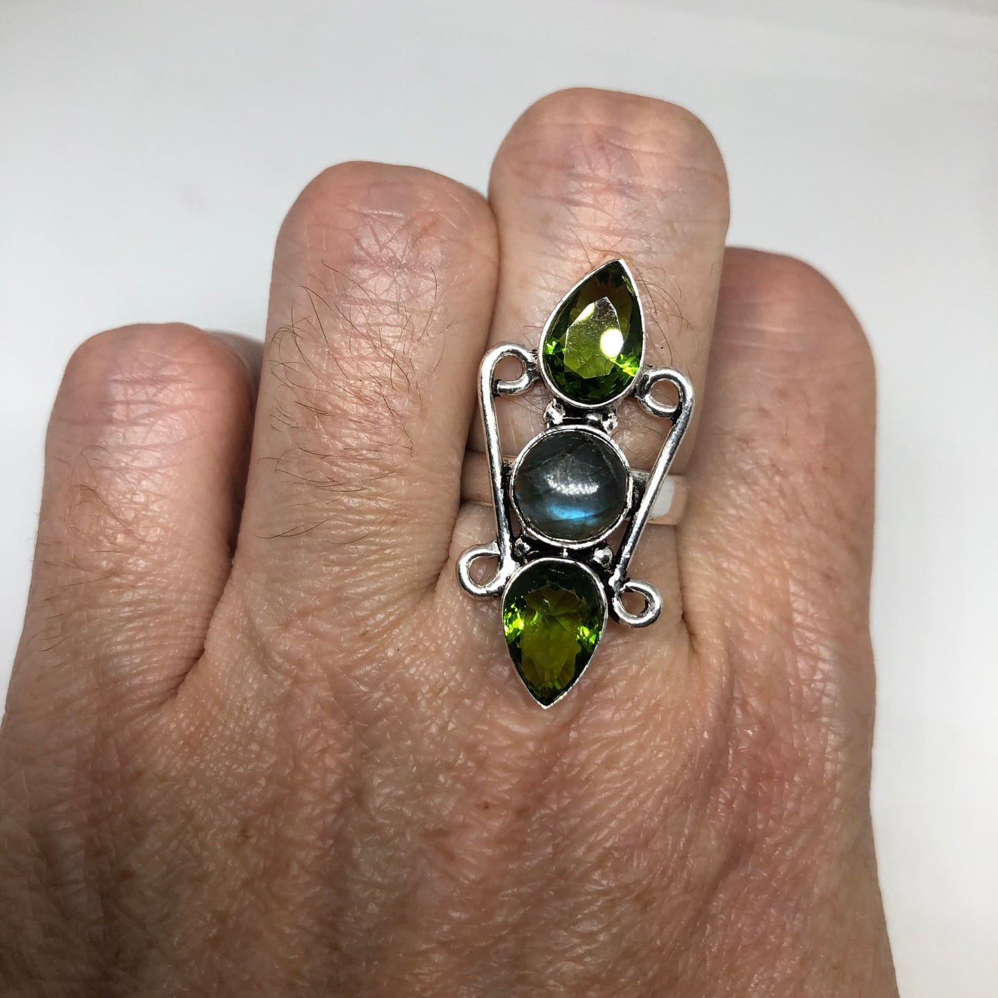 Vintage Labradorite Peridot Silver Ring Size 7.5