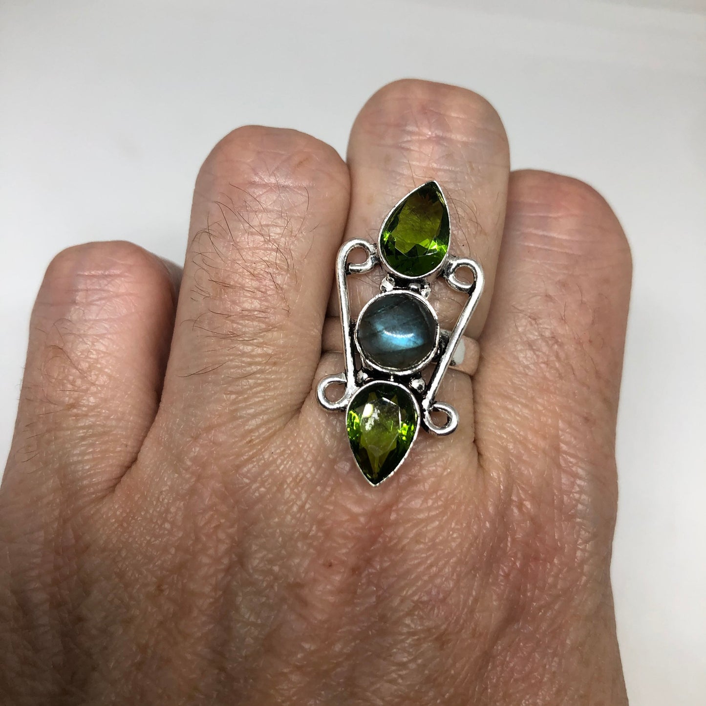 Vintage Labradorite Peridot Silver Ring Size 7.5