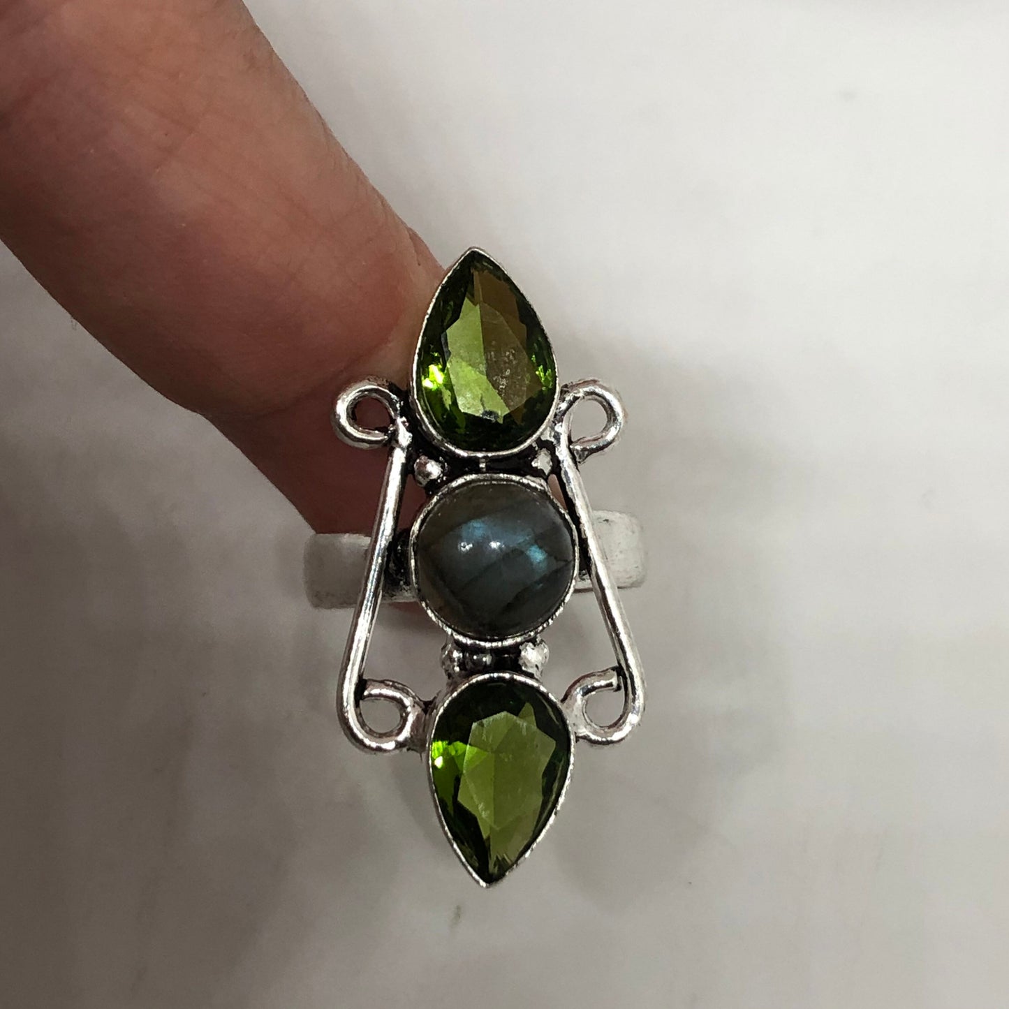 Vintage Labradorite Peridot Silver Ring Size 7.5