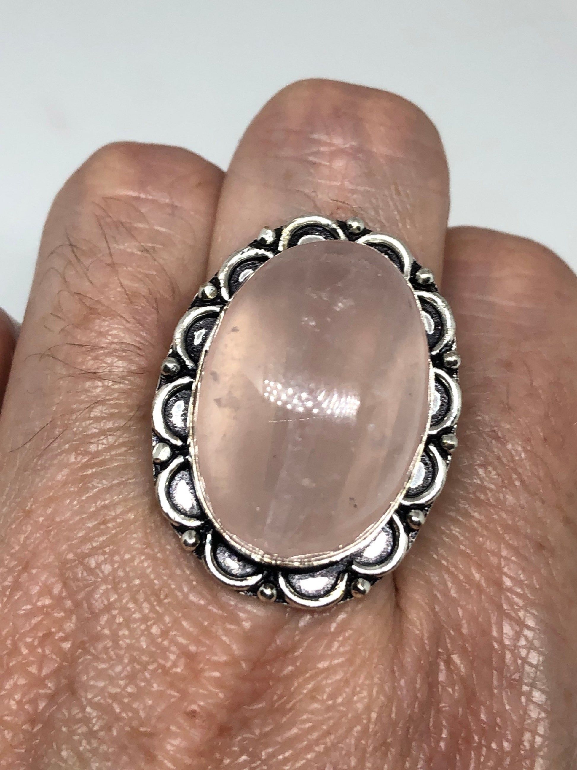 Vintage Rose Quartz Silver Cocktail Ring Size 8