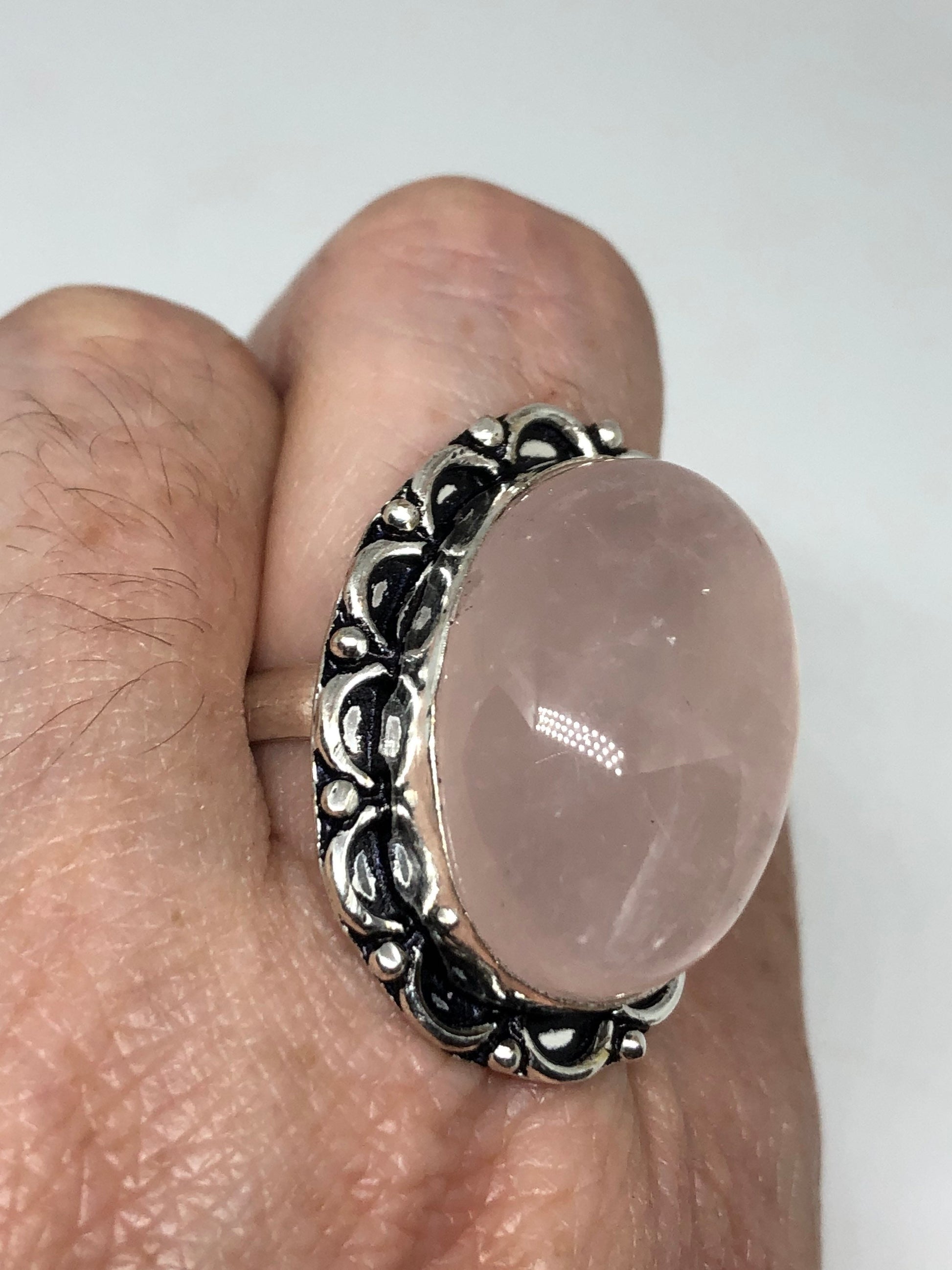 Vintage Rose Quartz Silver Cocktail Ring Size 8