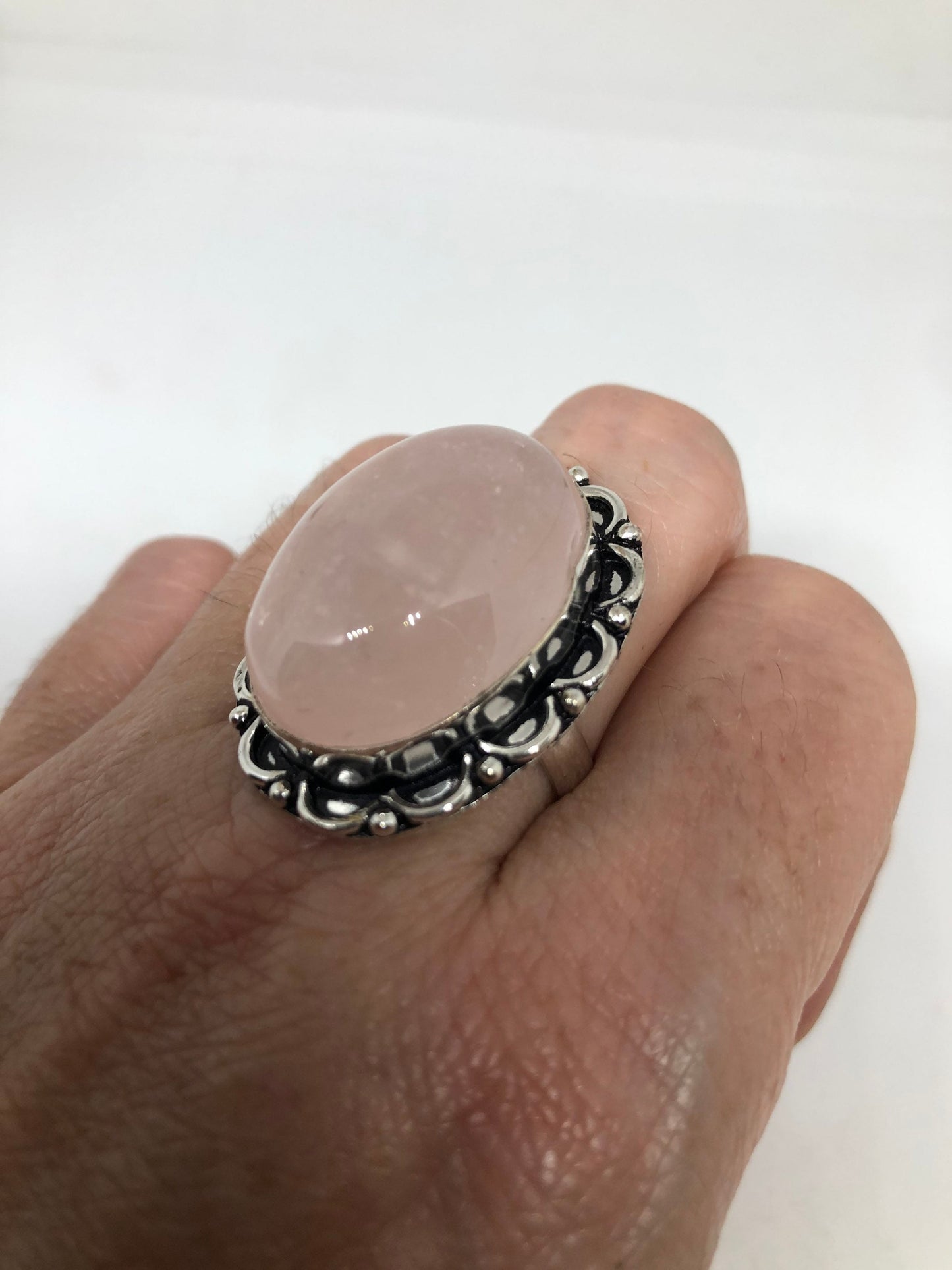 Vintage Rose Quartz Silver Cocktail Ring Size 8