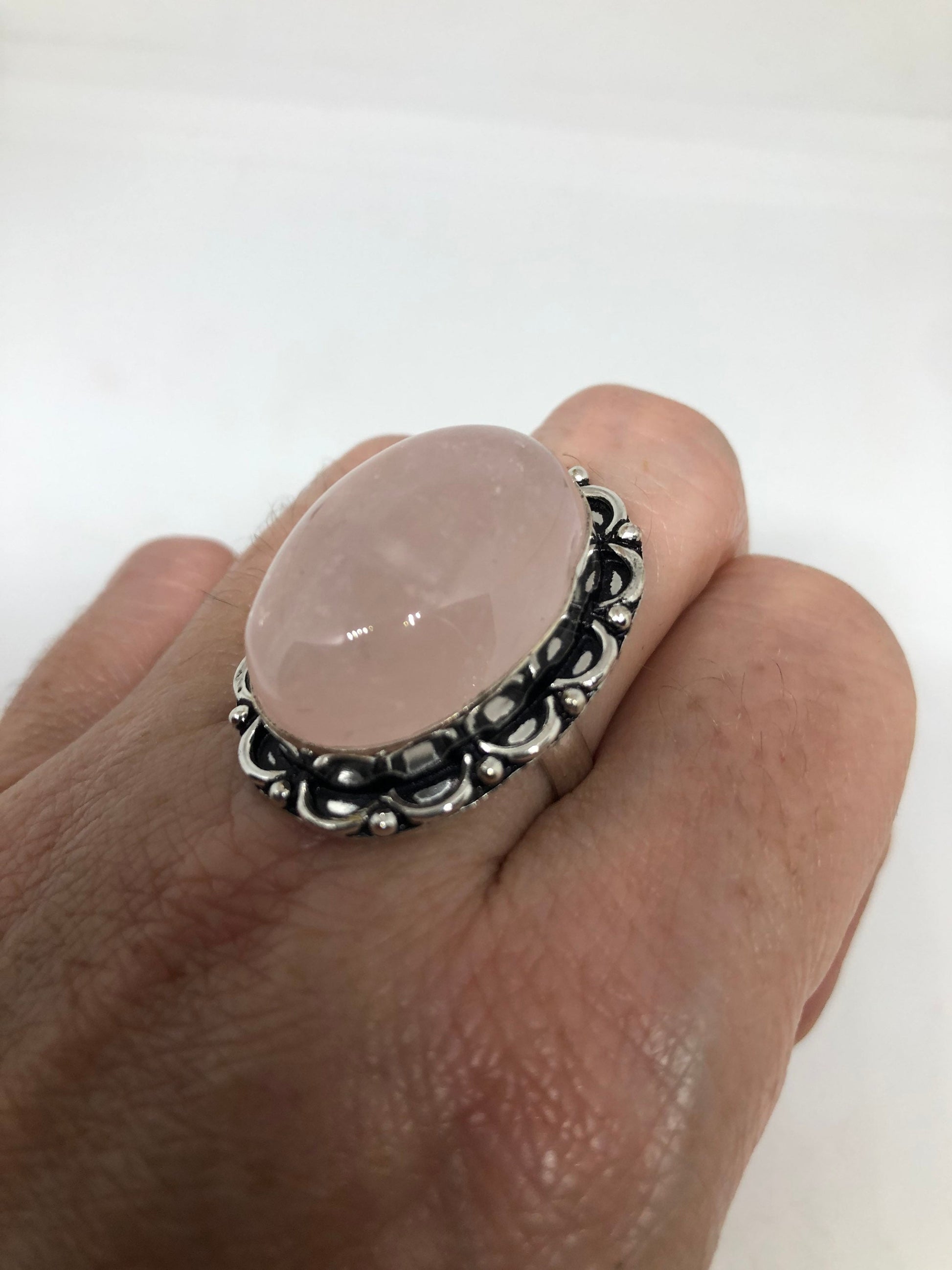 Vintage Rose Quartz Silver Cocktail Ring Size 8