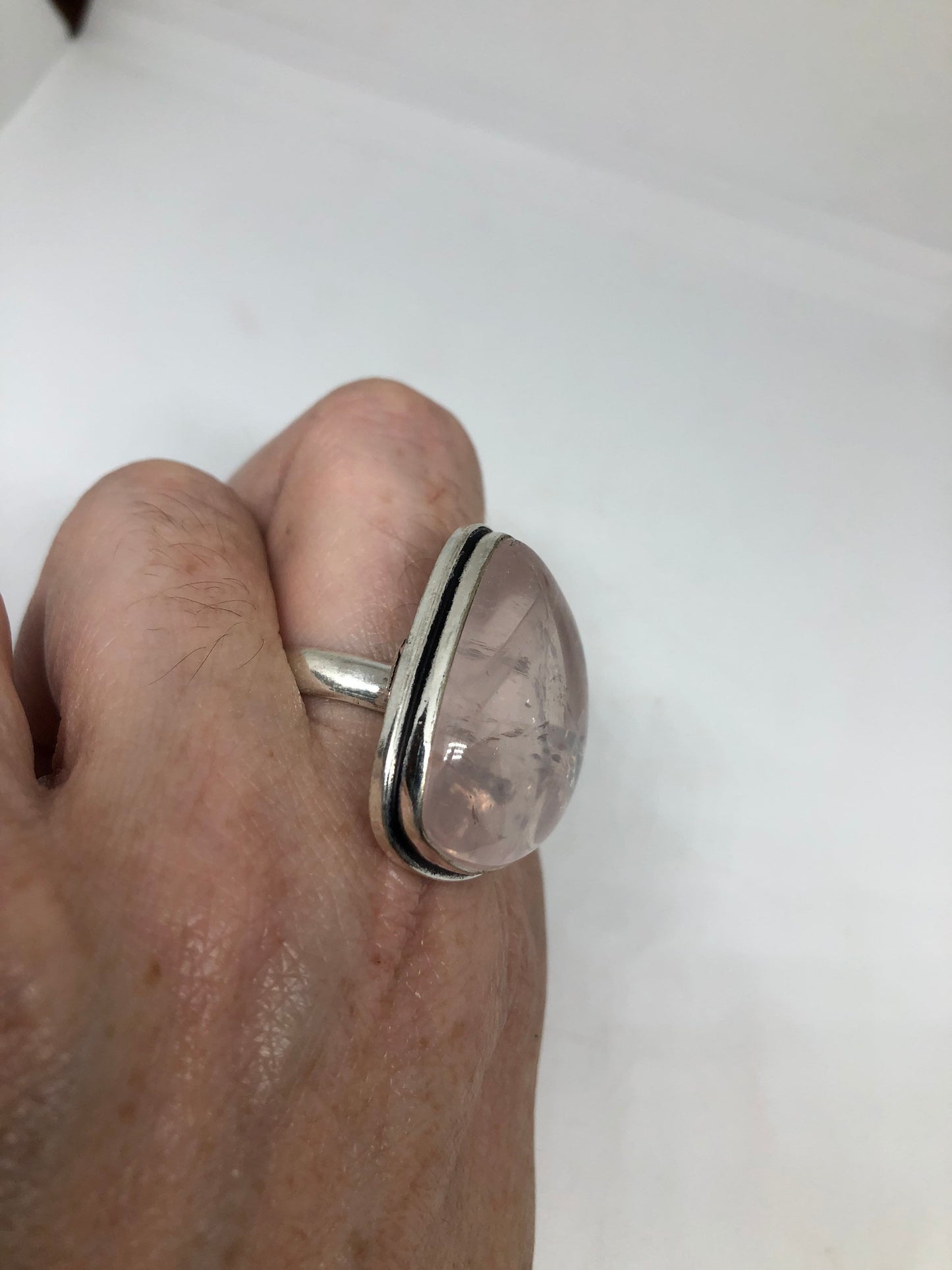 Vintage Rose Quartz Silver Cocktail Ring Size 9