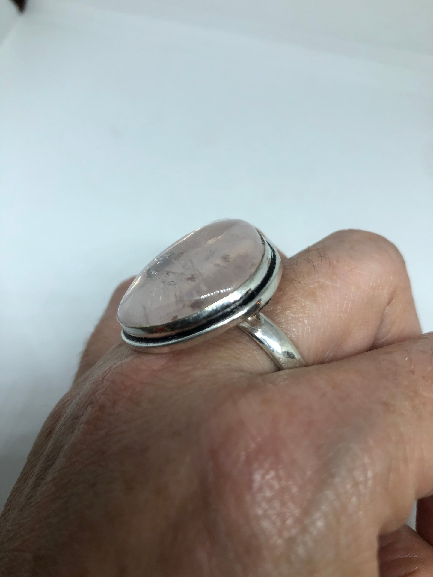Vintage Rose Quartz Silver Cocktail Ring Size 9