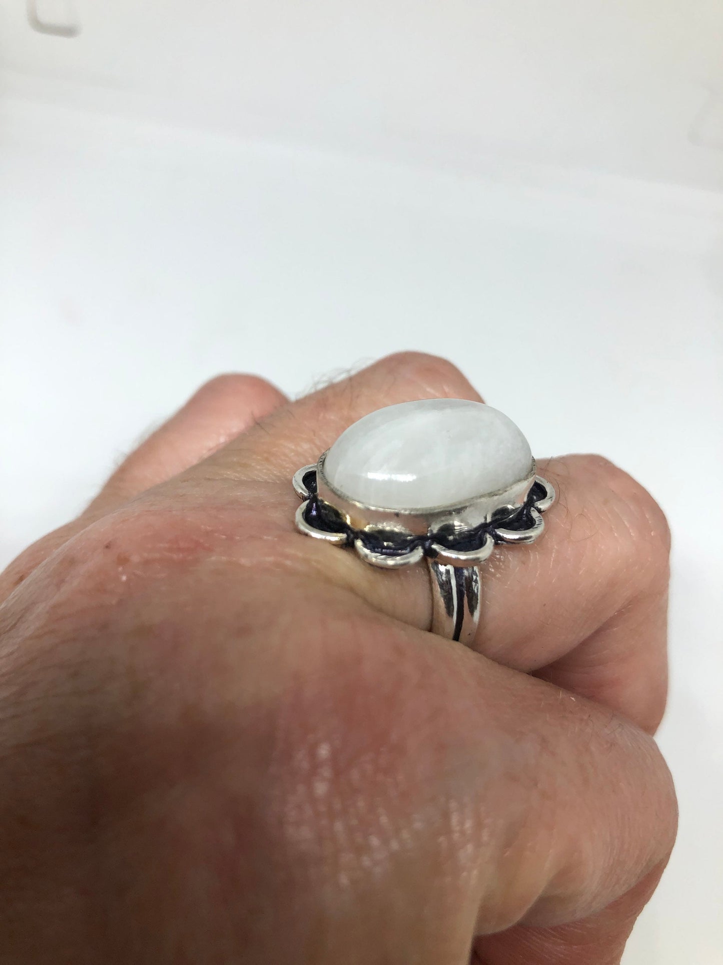 Vintage Blue White Rainbow Moonstone Silver Cocktail Ring
