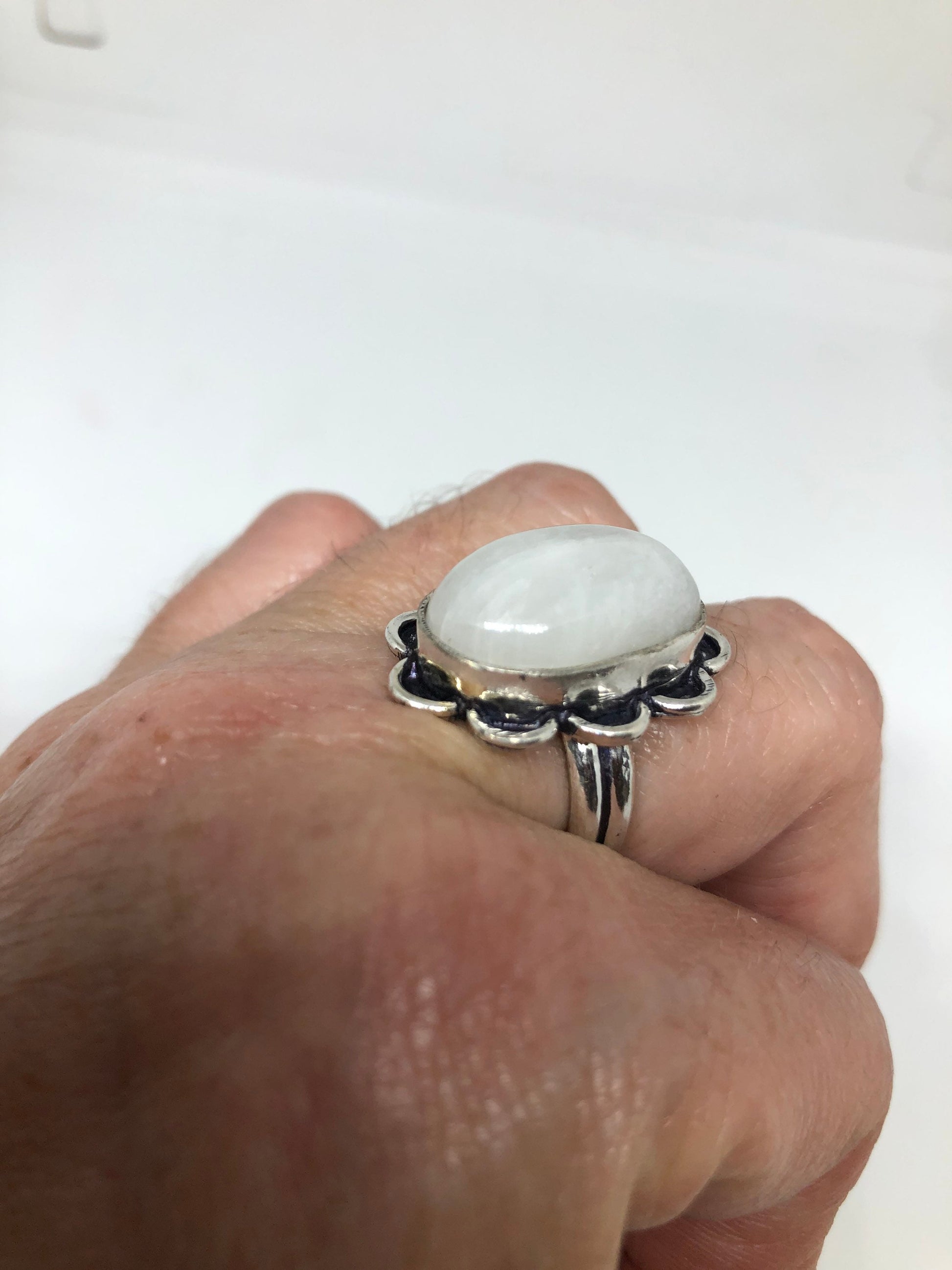 Vintage Blue White Rainbow Moonstone Silver Cocktail Ring