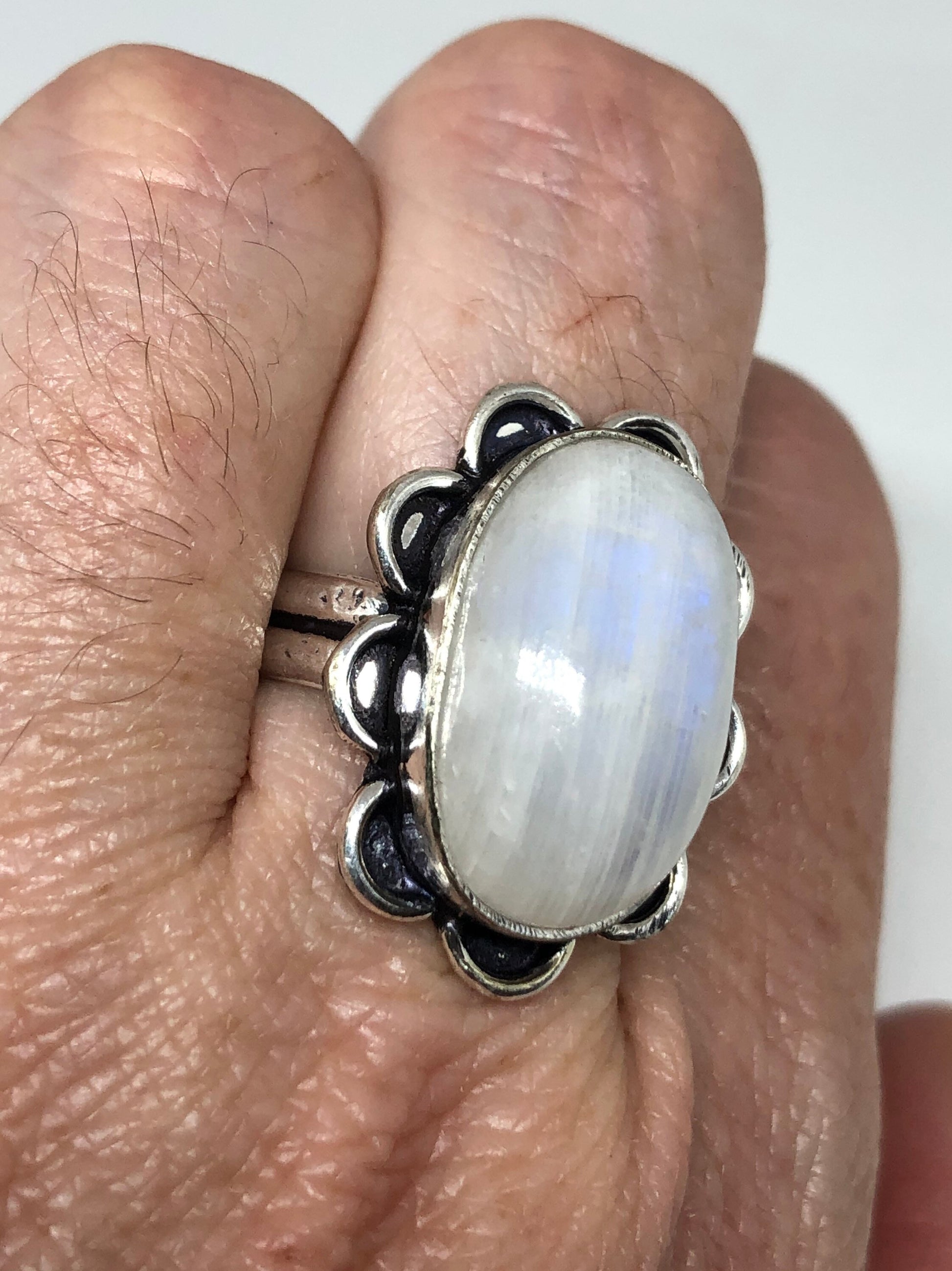 Vintage Blue White Rainbow Moonstone Silver Cocktail Ring