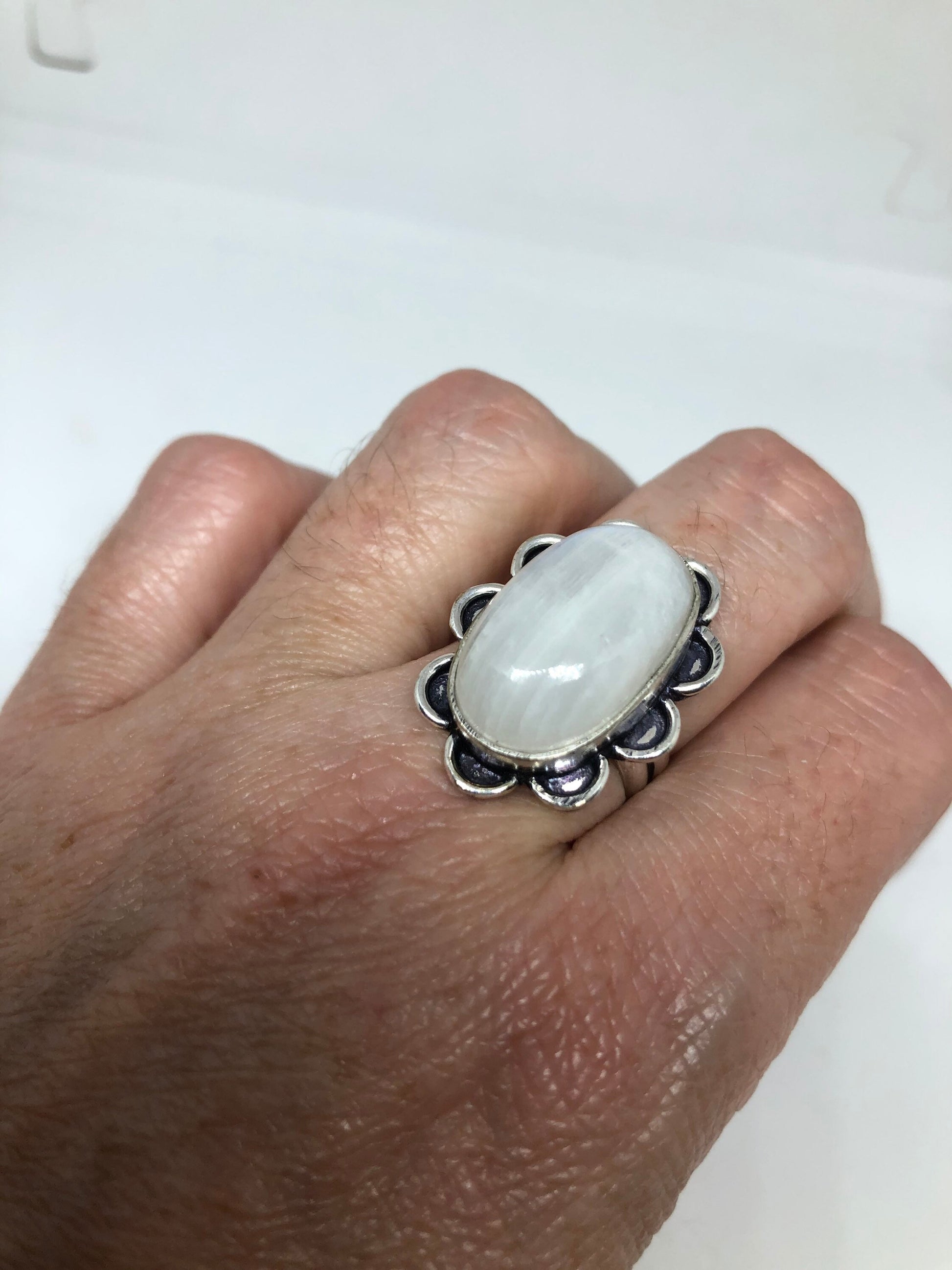 Vintage Blue White Rainbow Moonstone Silver Cocktail Ring