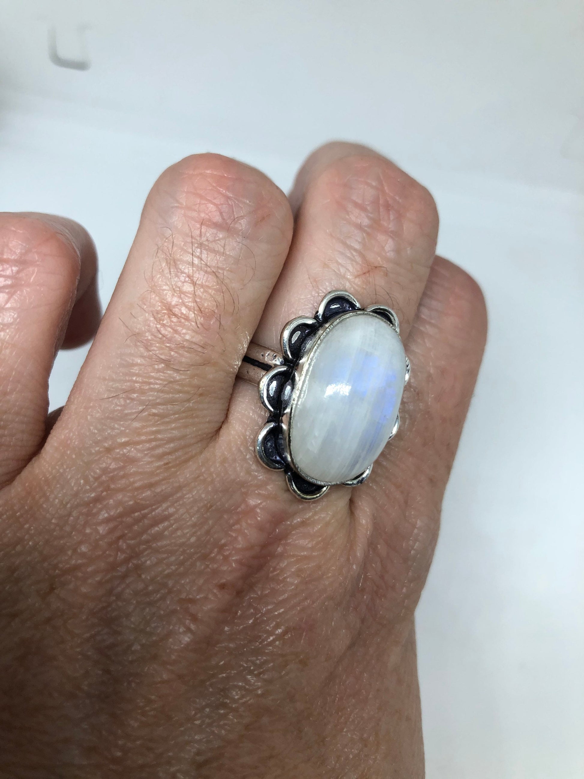 Vintage Blue White Rainbow Moonstone Silver Cocktail Ring