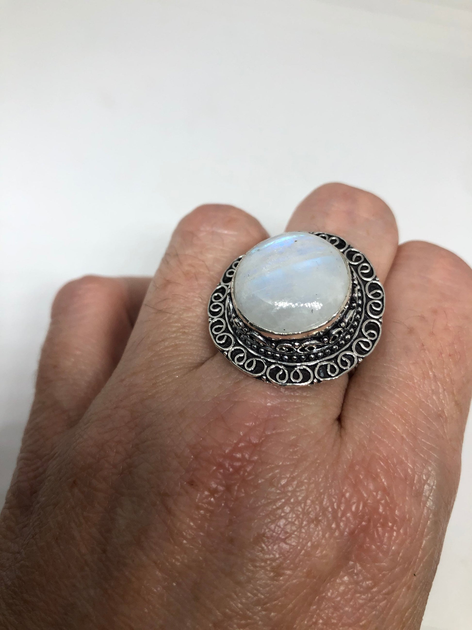Vintage Blue White Rainbow Moonstone Silver Cocktail Statement Ring