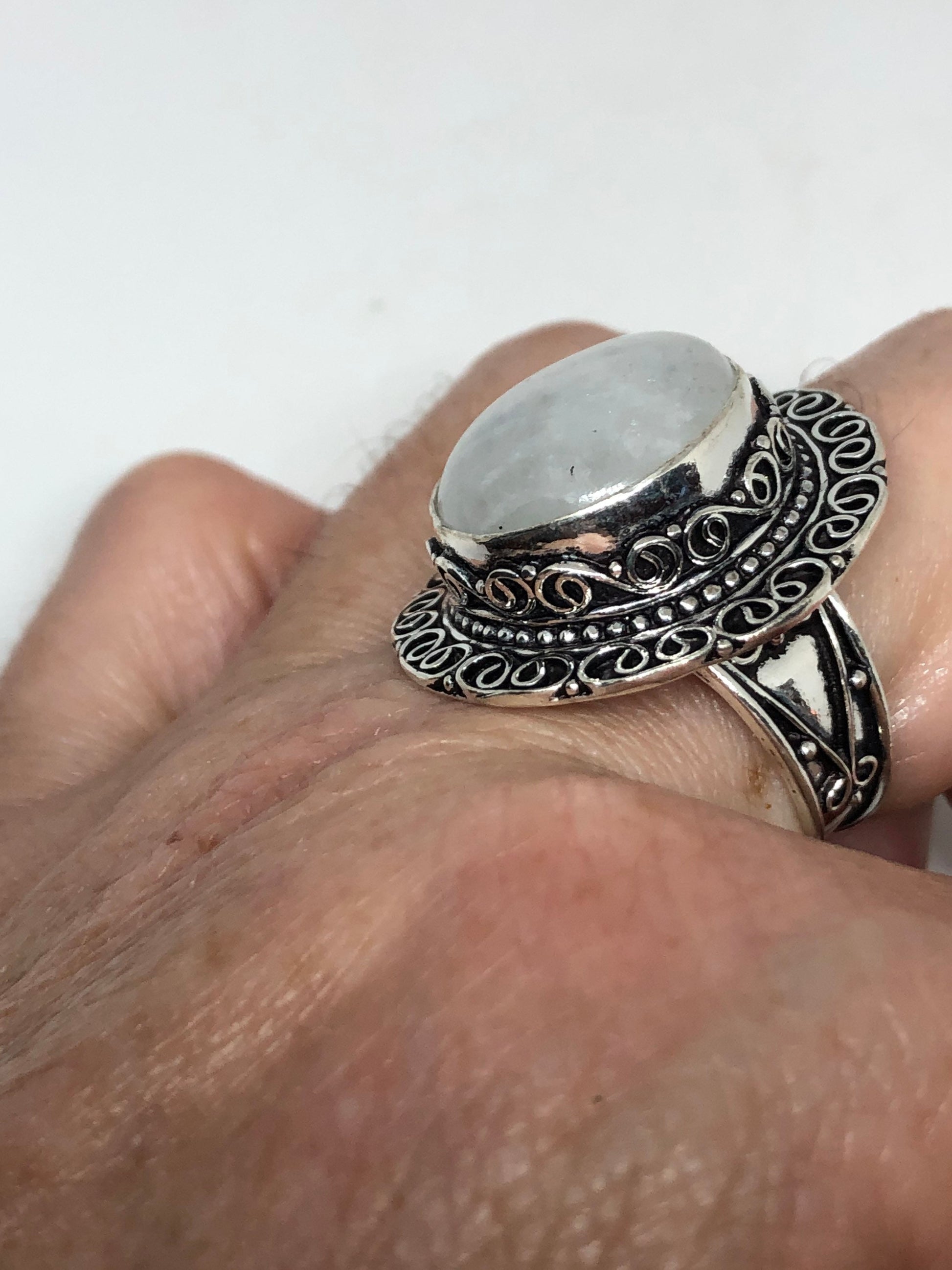 Vintage Blue White Rainbow Moonstone Silver Cocktail Statement Ring