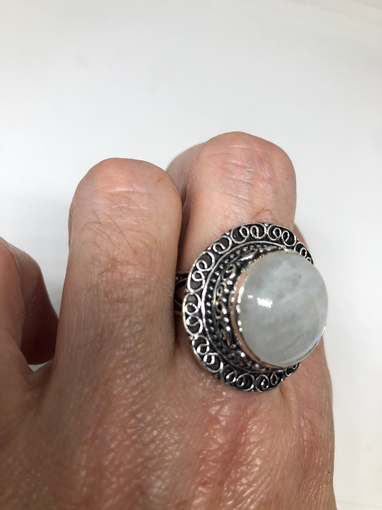 Vintage Blue White Rainbow Moonstone Silver Cocktail Statement Ring