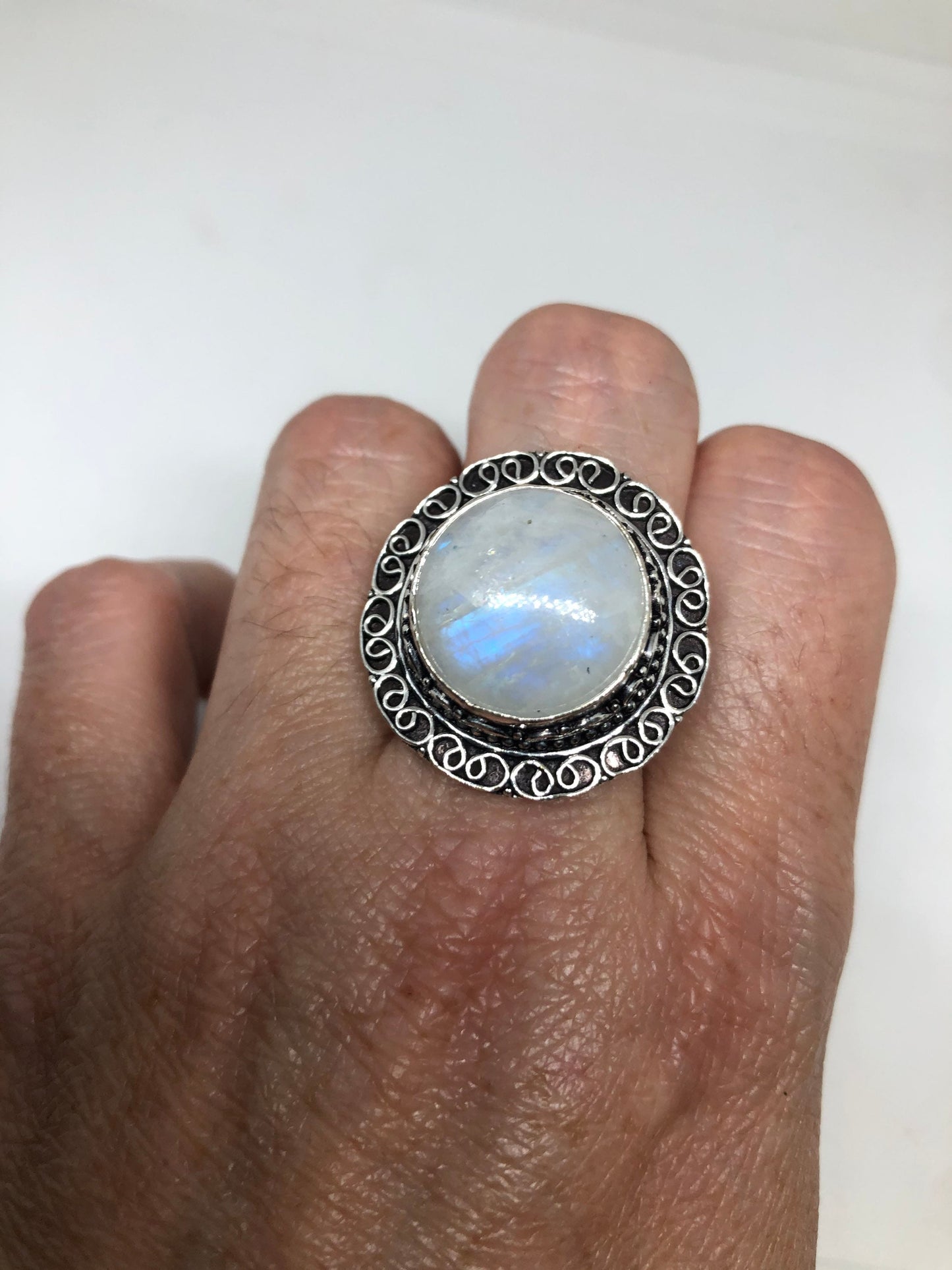 Vintage Blue White Rainbow Moonstone Silver Cocktail Statement Ring