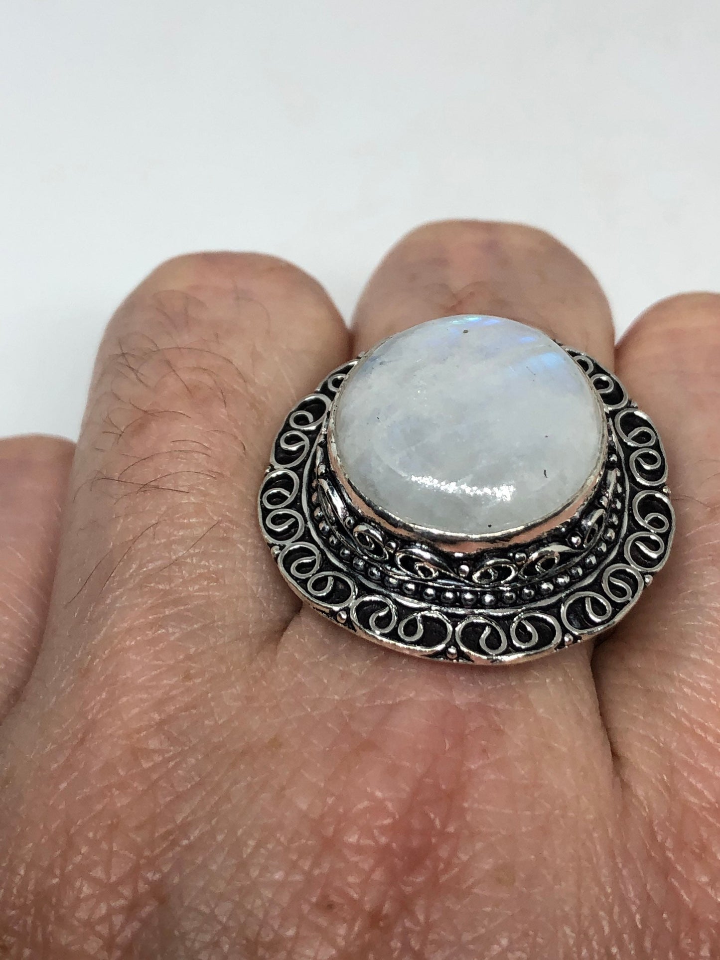 Vintage Blue White Rainbow Moonstone Silver Cocktail Statement Ring