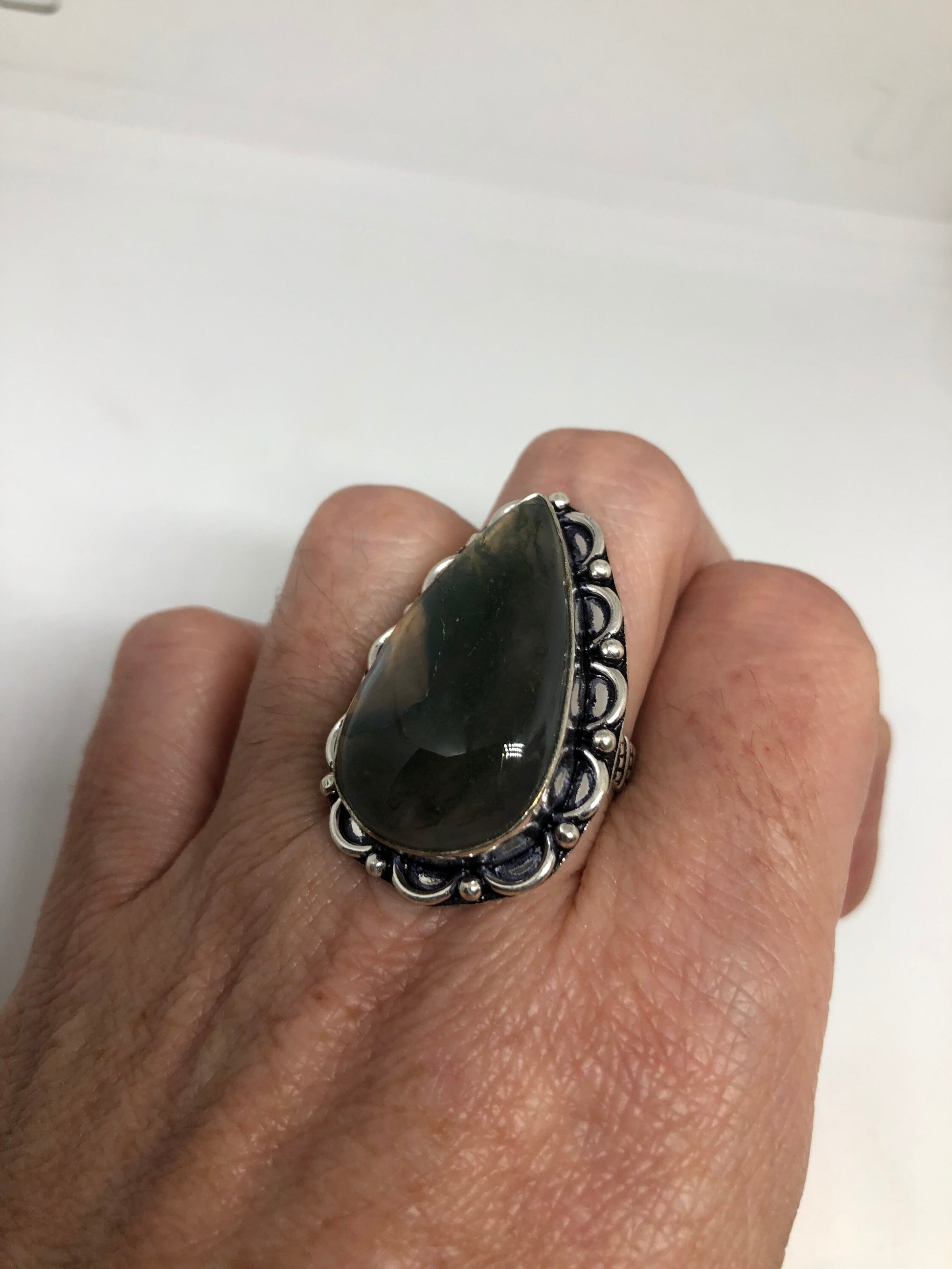 Vintage Green Moss Agate Ring Statement Cocktail