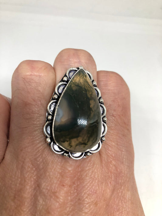 Vintage Green Moss Agate Ring Statement Cocktail