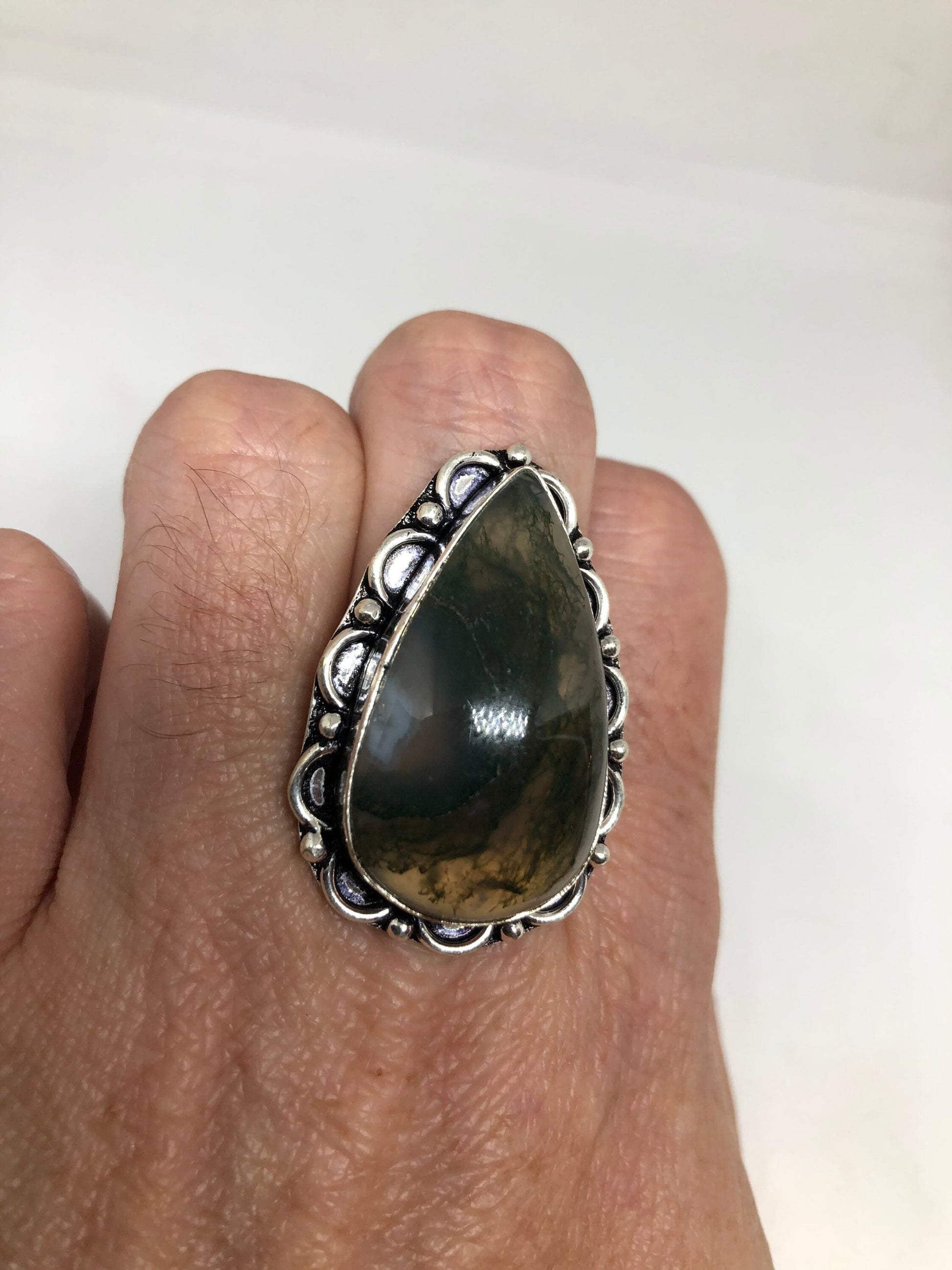 Vintage Green Moss Agate Ring Statement Cocktail