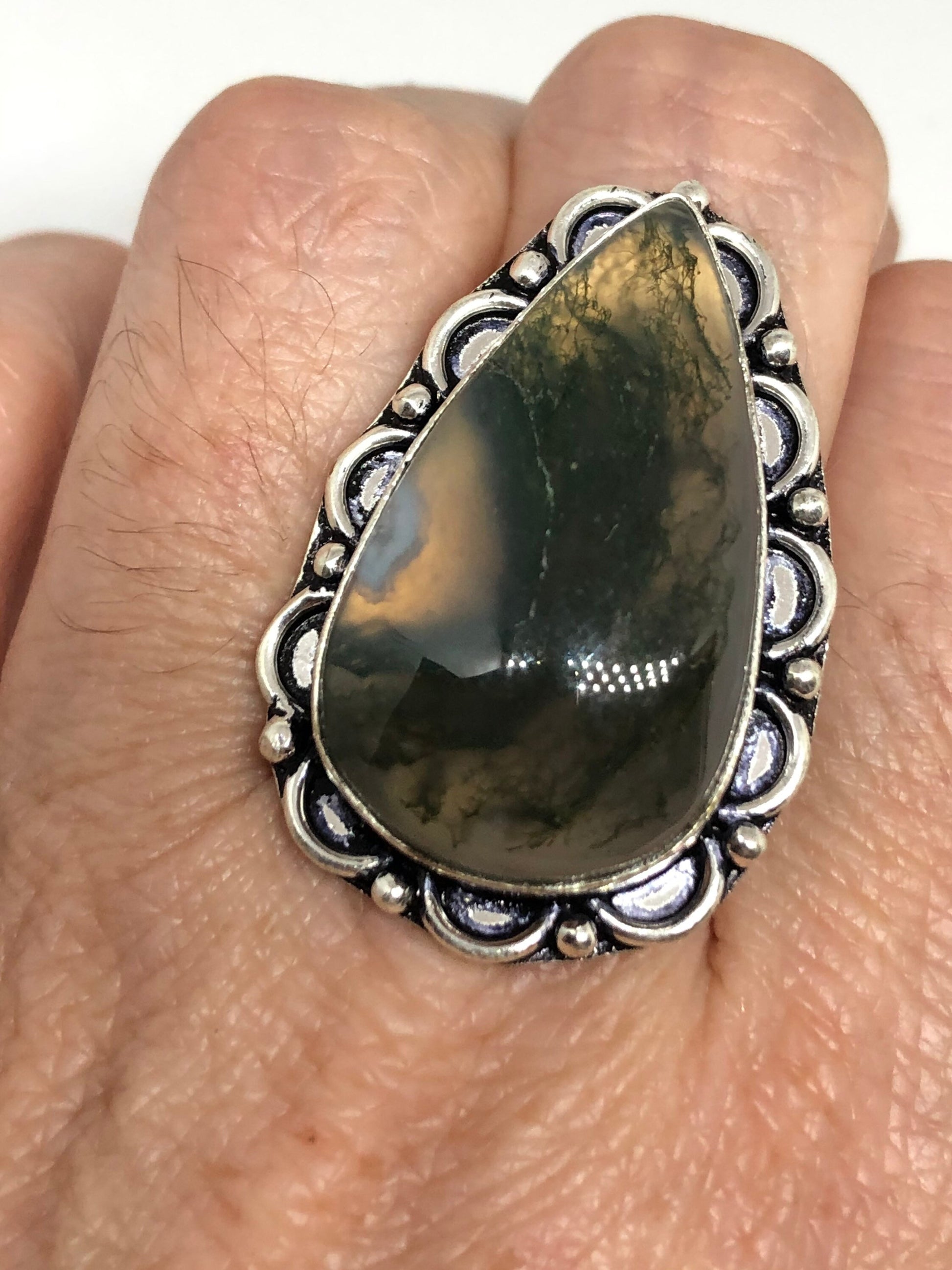 Vintage Green Moss Agate Ring Statement Cocktail