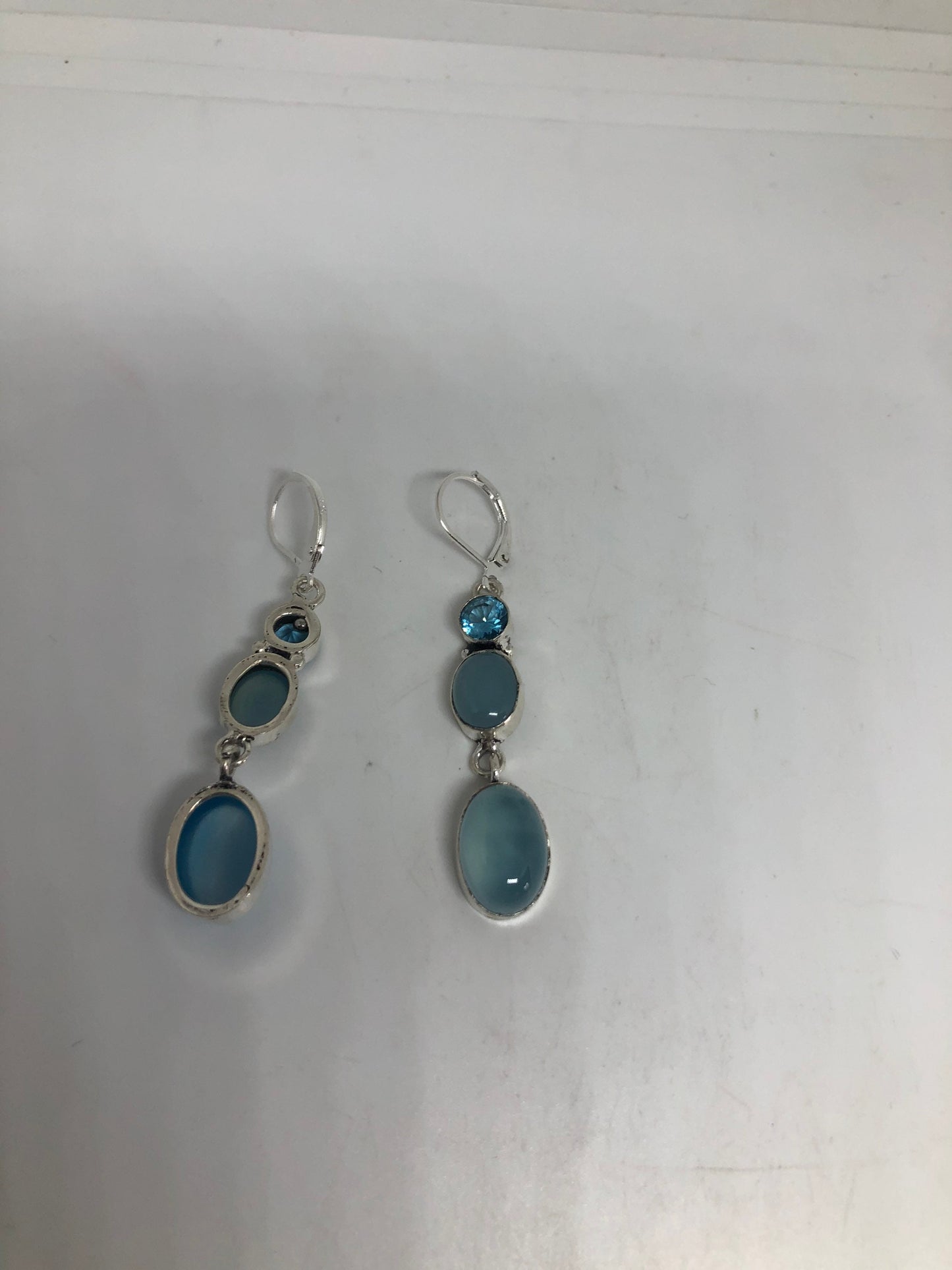 Vintage Silver Earrings | Blue Topaz Chalcedony Gemstone Antique Style Multistone Setting Silver Dangle Drop Chandelier Earrings