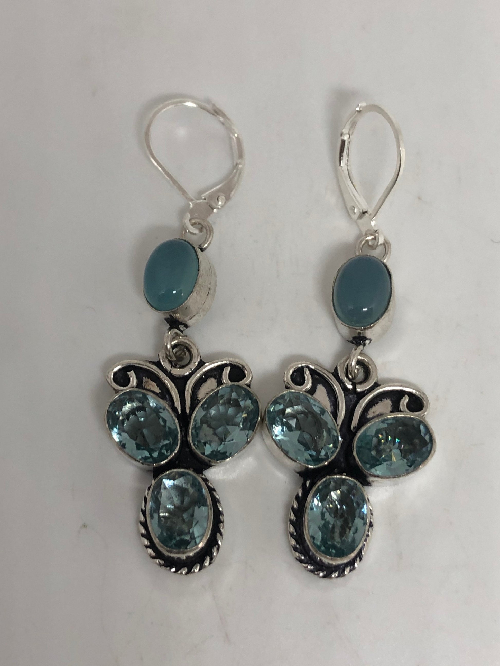 Vintage Silver Earrings | Blue Topaz Chalcedony Gemstone Antique Style Multistone Cluster Setting Silver Dangle Drop Chandelier Earrings