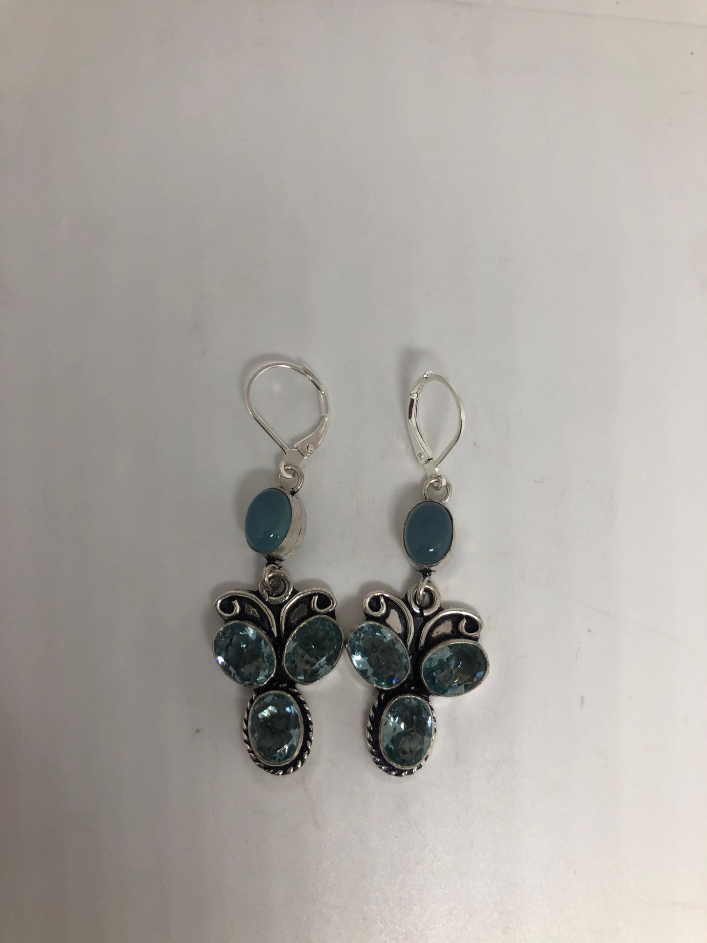 Vintage Silver Earrings | Blue Topaz Chalcedony Gemstone Antique Style Multistone Cluster Setting Silver Dangle Drop Chandelier Earrings