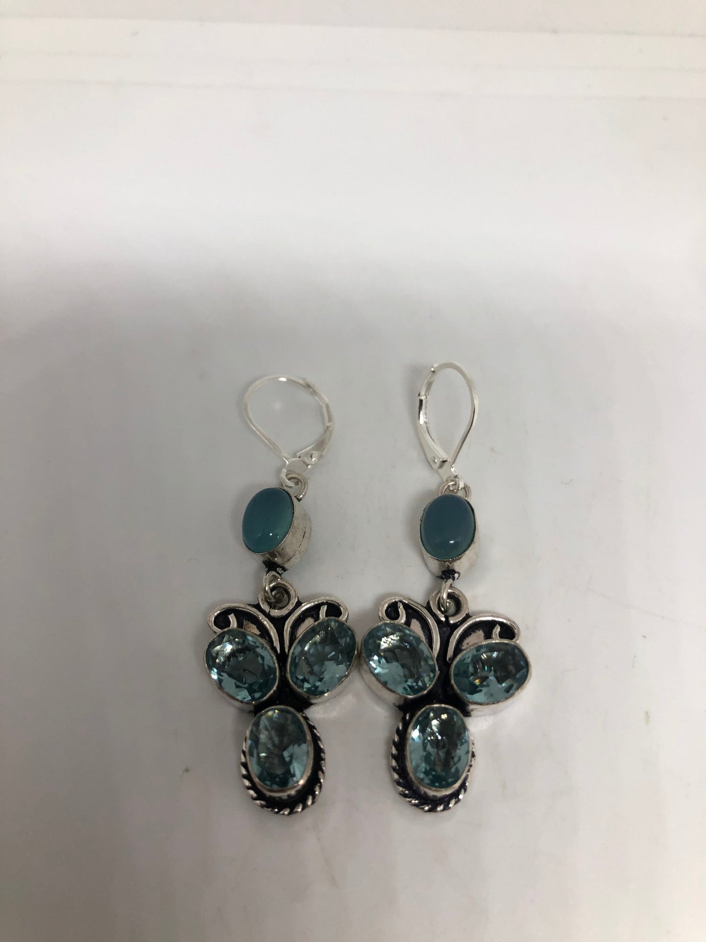 Vintage Silver Earrings | Blue Topaz Chalcedony Gemstone Antique Style Multistone Cluster Setting Silver Dangle Drop Chandelier Earrings