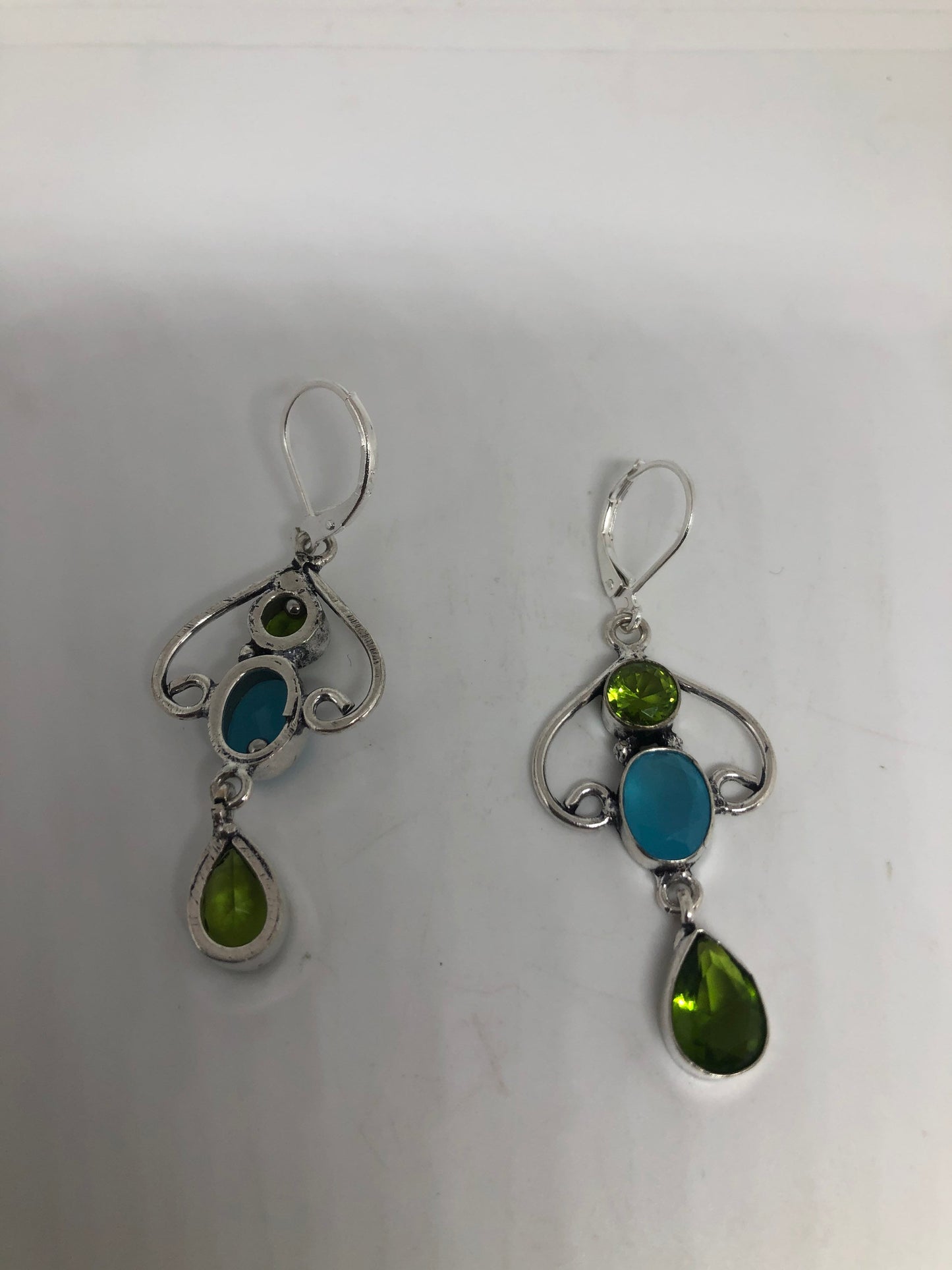 Vintage Silver Earrings | Green Peridot Blue Chalcedony Gemstone Antique Style Multistone Setting Dangle Drop Earrings