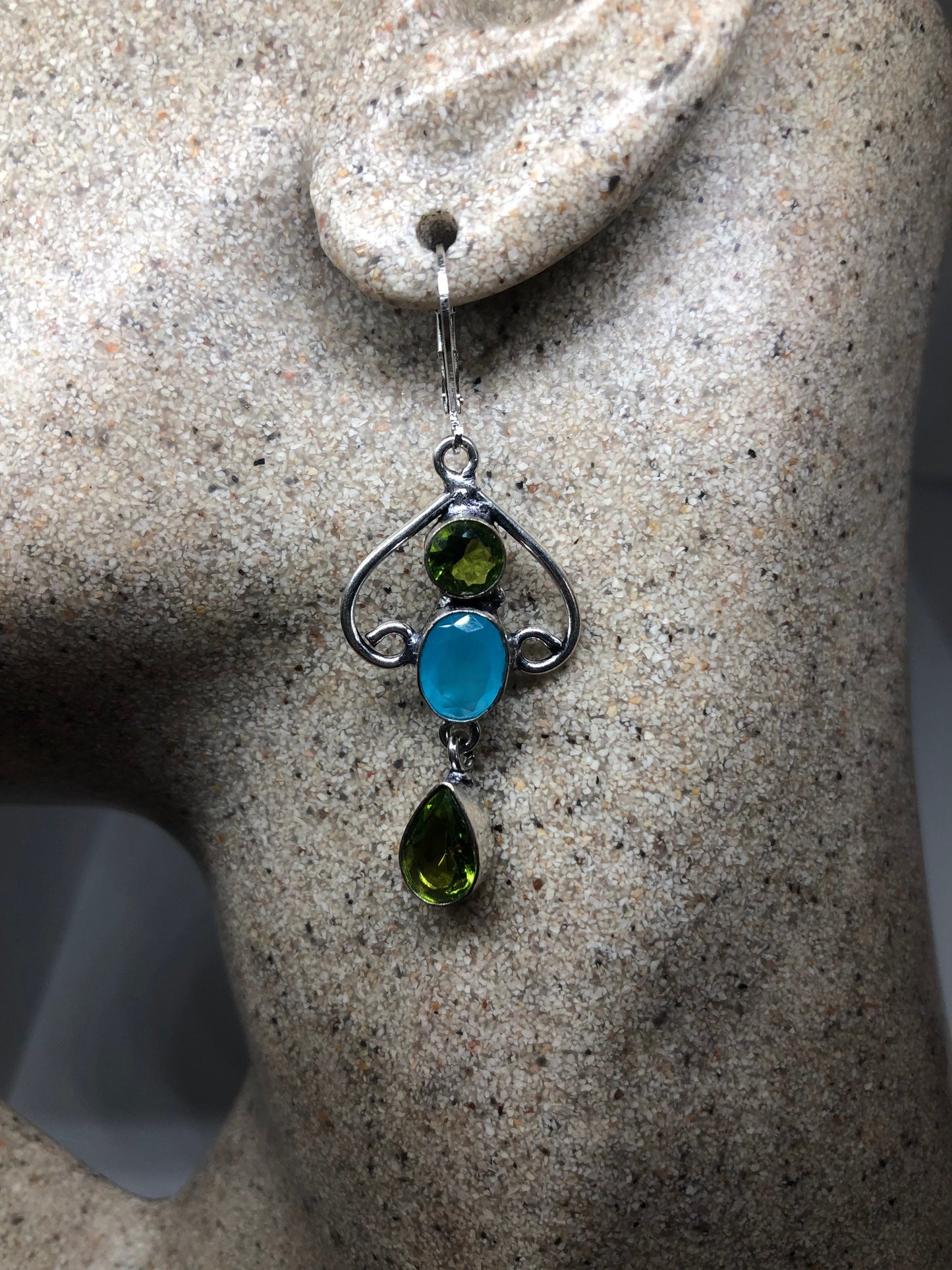 Vintage Silver Earrings | Green Peridot Blue Chalcedony Gemstone Antique Style Multistone Setting Dangle Drop Earrings