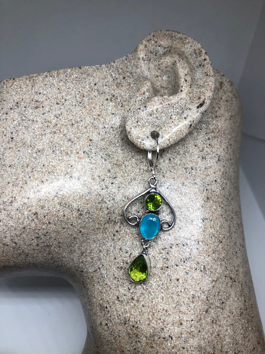 Vintage Silver Earrings | Green Peridot Blue Chalcedony Gemstone Antique Style Multistone Setting Dangle Drop Earrings