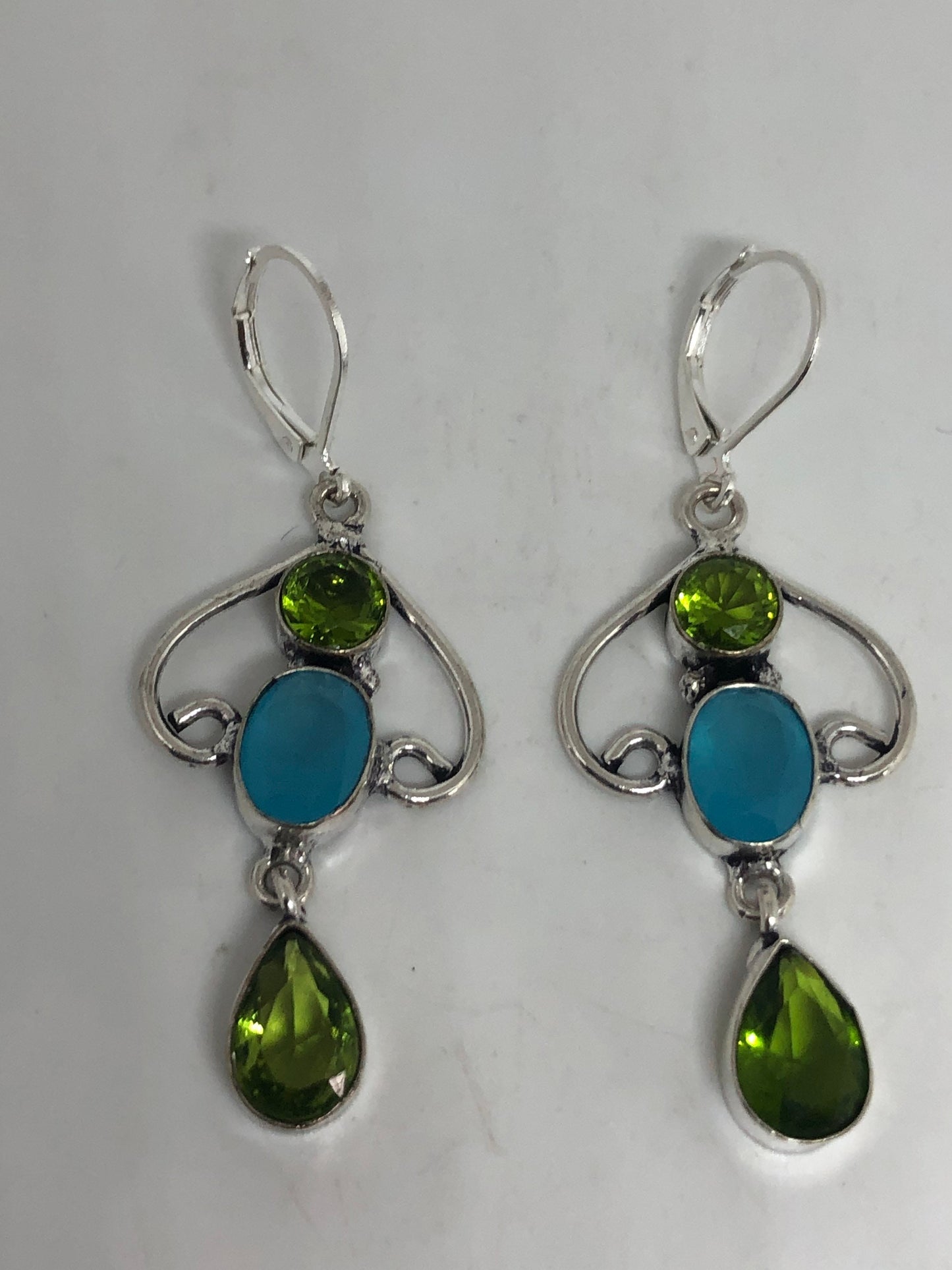 Vintage Silver Earrings | Green Peridot Blue Chalcedony Gemstone Antique Style Multistone Setting Dangle Drop Earrings