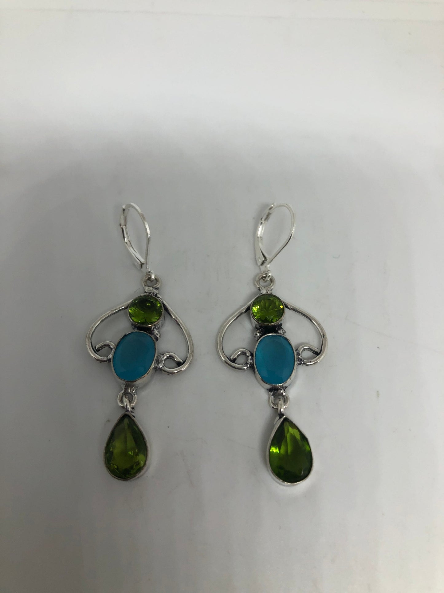 Vintage Silver Earrings | Green Peridot Blue Chalcedony Gemstone Antique Style Multistone Setting Dangle Drop Earrings