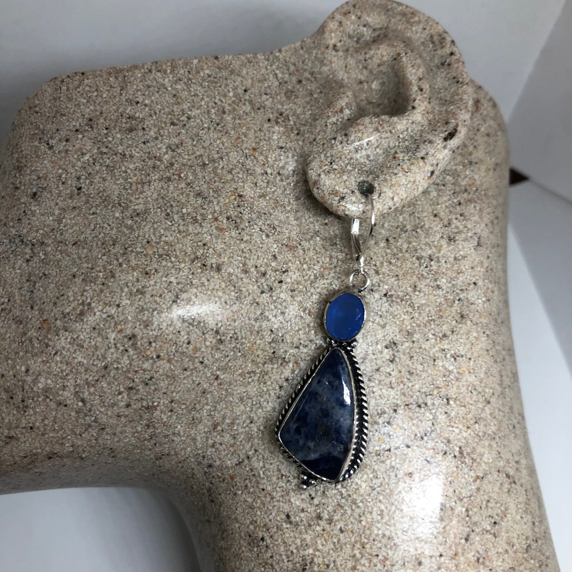 Vintage Silver Earrings | Blue Lapis Chalcedony Gemstone Antique Style Setting Silver Dangle Drop Chandelier Earrings