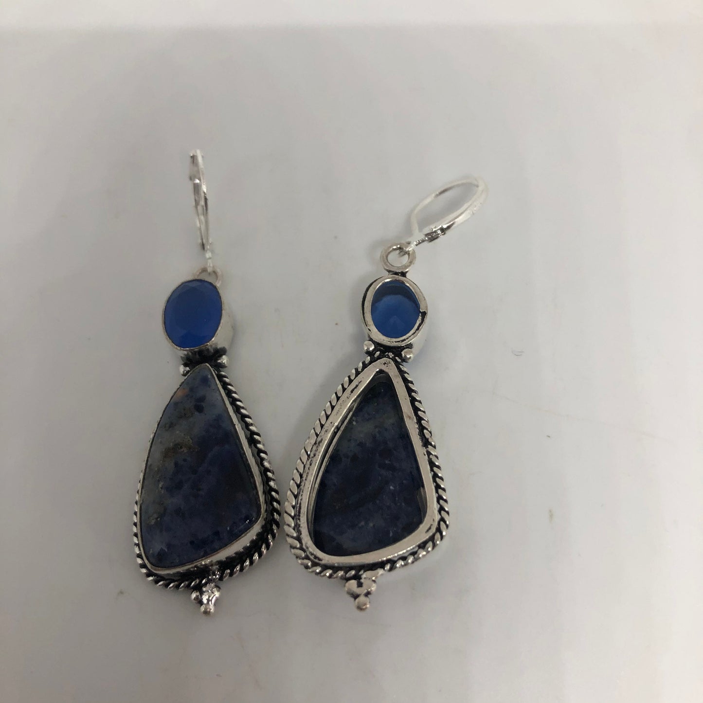 Vintage Silver Earrings | Blue Lapis Chalcedony Gemstone Antique Style Setting Silver Dangle Drop Chandelier Earrings