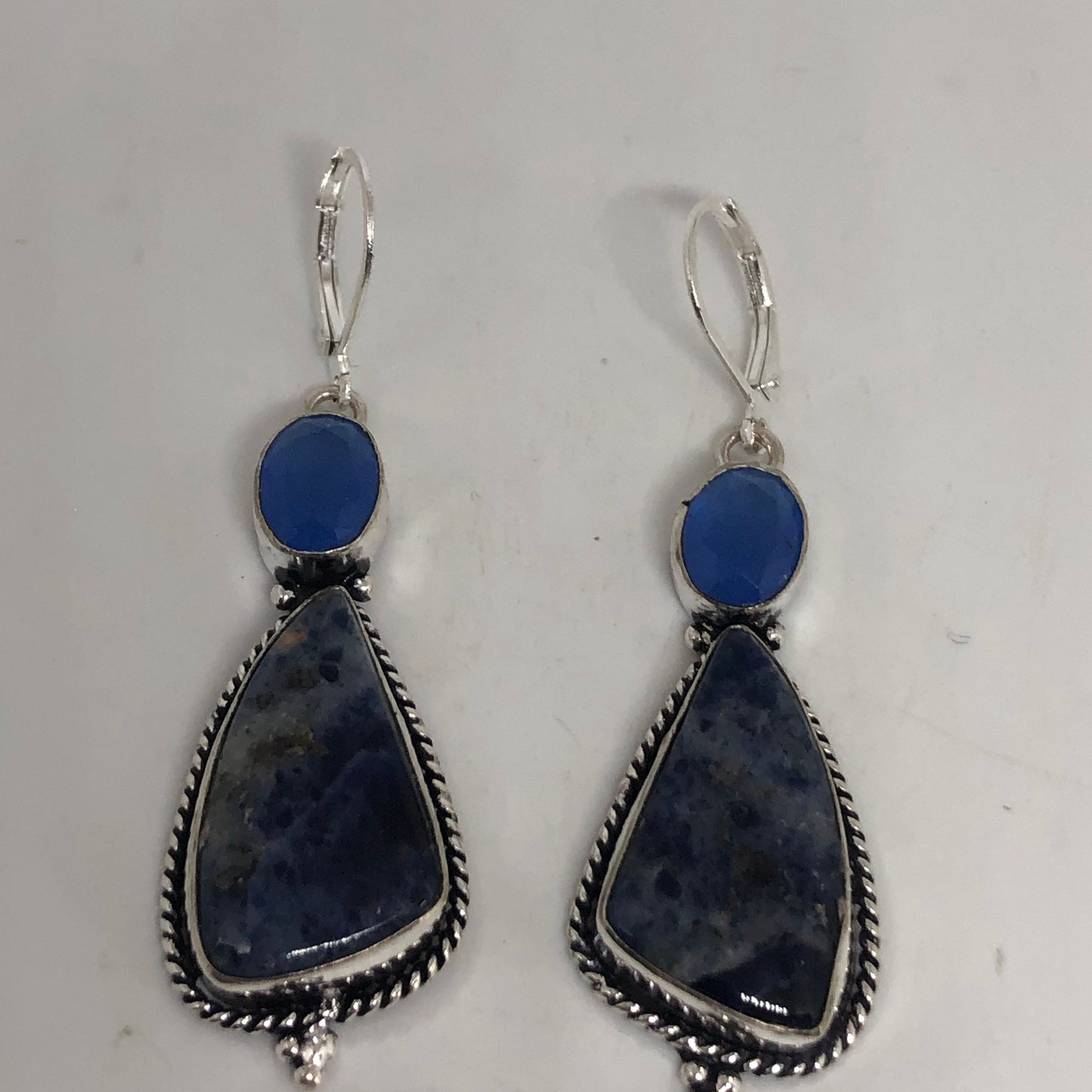 Vintage Silver Earrings | Blue Lapis Chalcedony Gemstone Antique Style Setting Silver Dangle Drop Chandelier Earrings