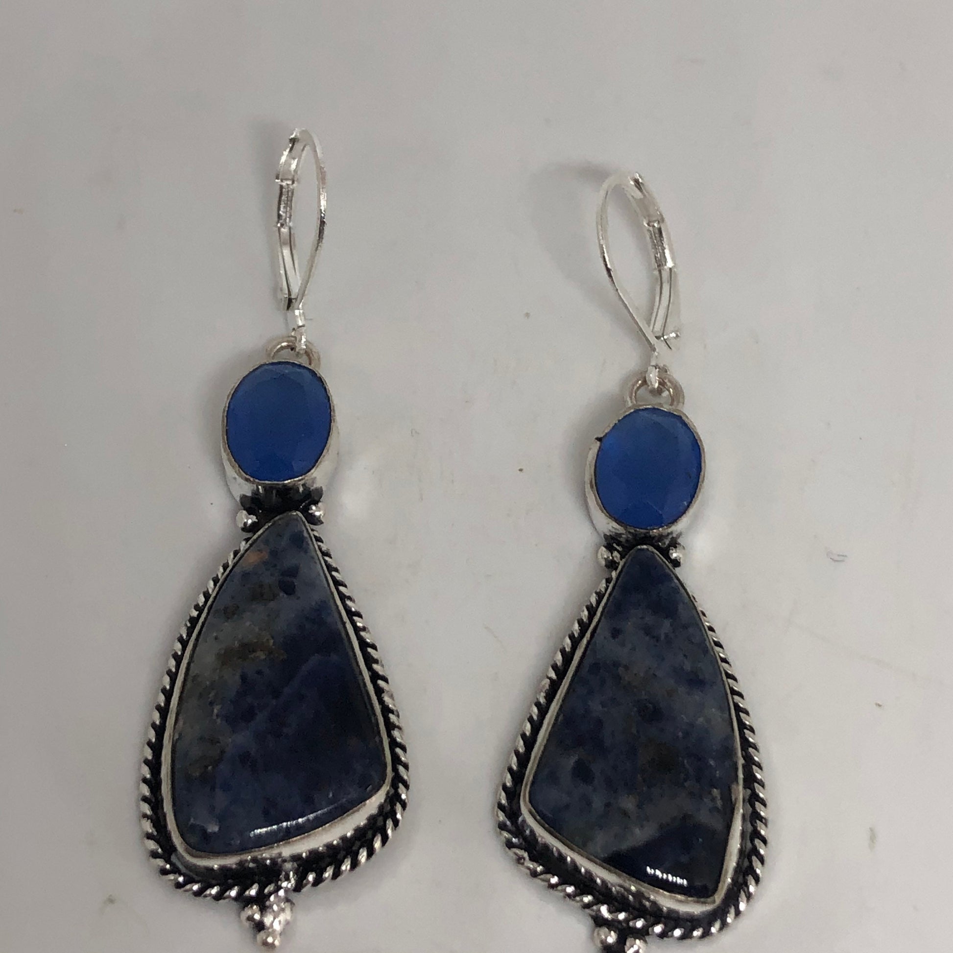 Vintage Silver Earrings | Blue Lapis Chalcedony Gemstone Antique Style Setting Silver Dangle Drop Chandelier Earrings