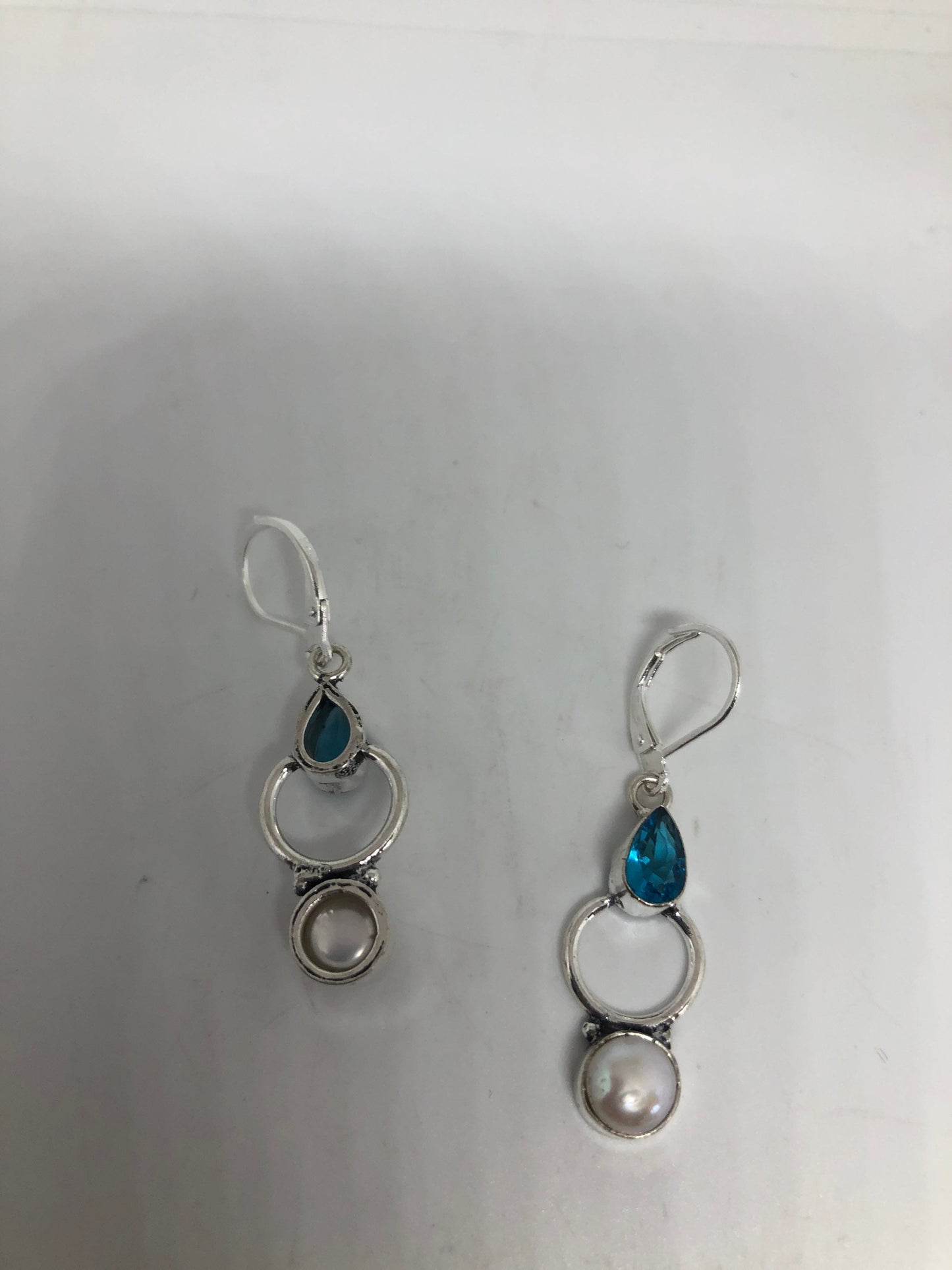 Vintage Silver Earrings | Blue Topaz Earrings Gemstone Antique Style Multistone Setting Silver Dangle Drop Chandelier Earrings